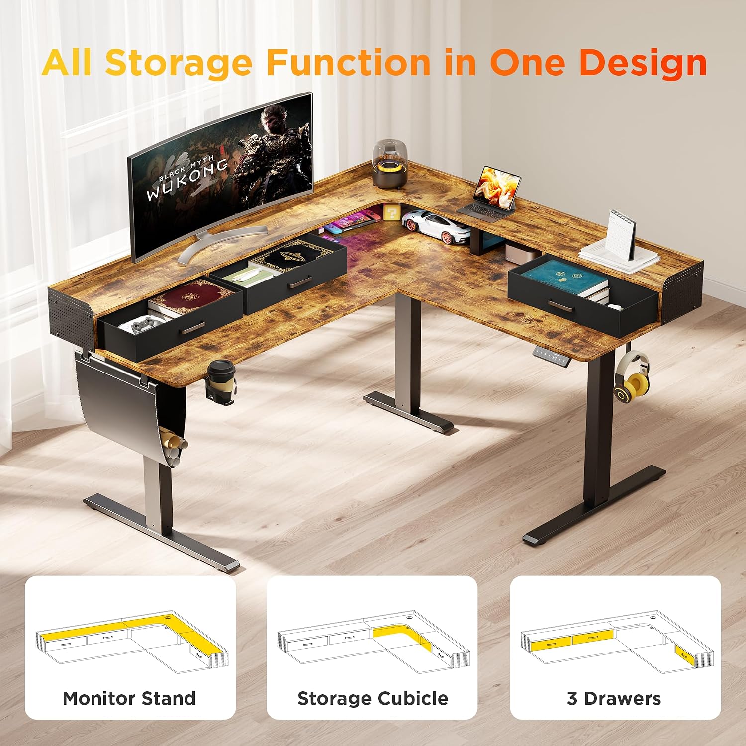 Thumbnail 3 de WALKINGDESK ETSLI22 63-Inch L-Shaped Electric Standing Desk, Rustic Brown