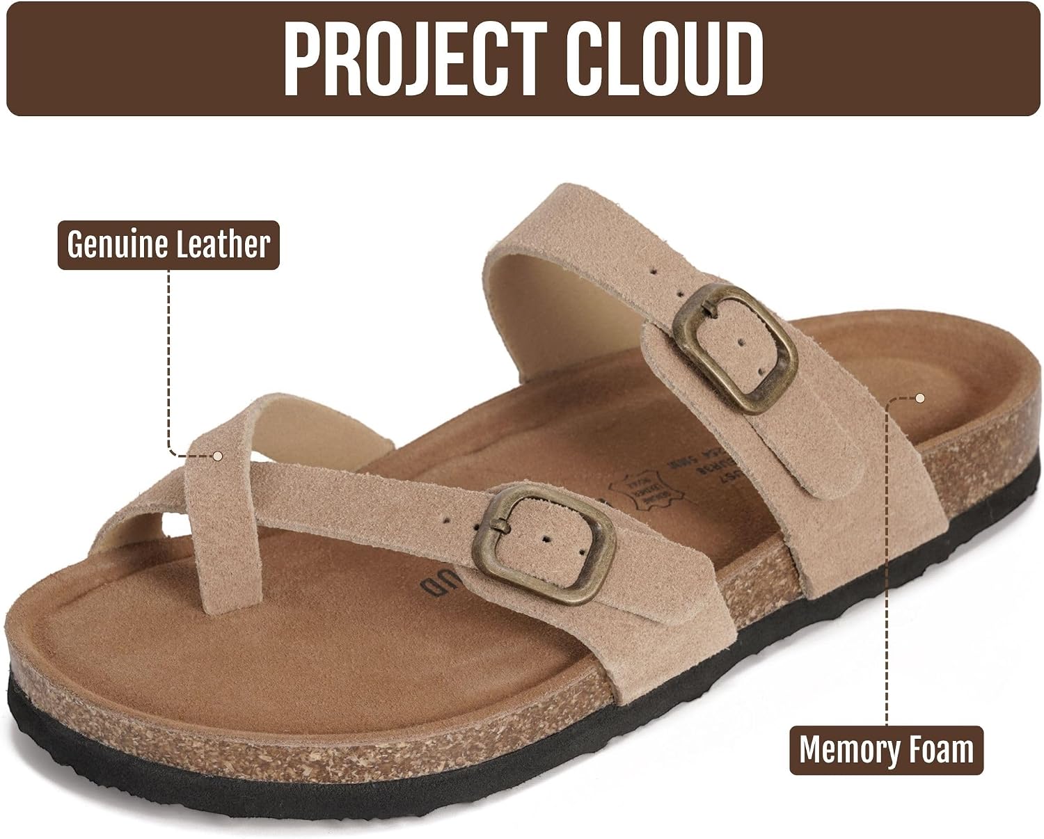 Detalle de Project Cloud 100% Genuine Leather Women's Sandals: Lightweight, Cushioned Memory Foam Slides