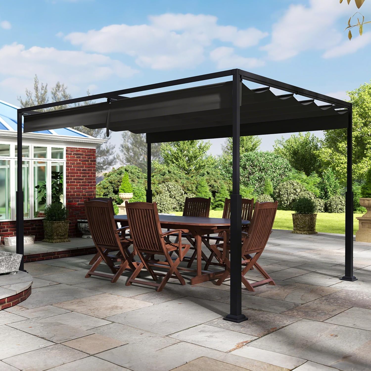 Thumbnail 6 de VA-Cerulean Metall Pergola mit Schiebedach, 3x4 m – freistehender Pavillon aus Metall mit Sonnenschutz und schmalem Design in Schwarz
