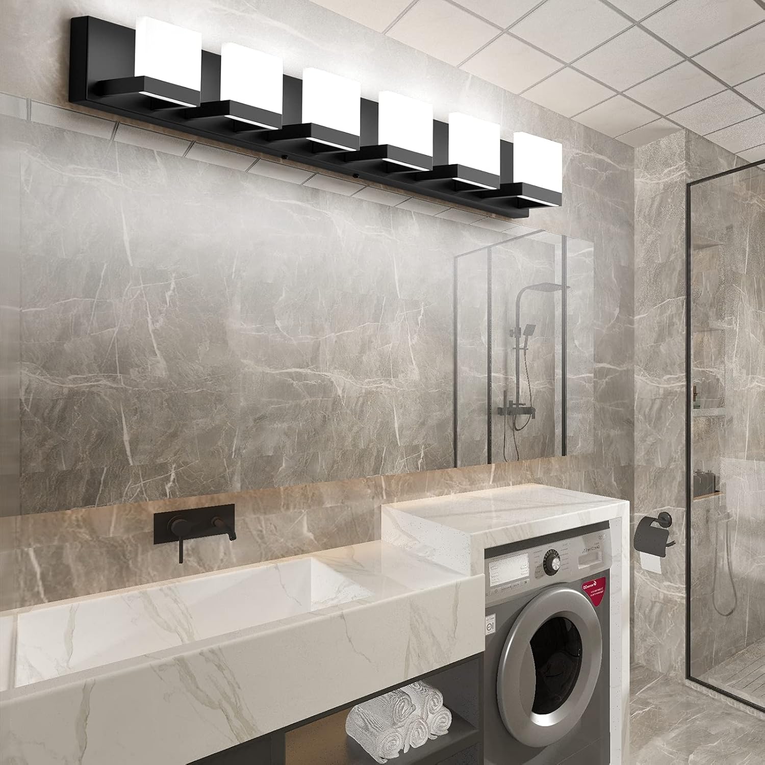 Detalle 2 de Tipace Ca-1103-6T-black 6-Light Bathroom Vanity Light, Matte Black, 6000K