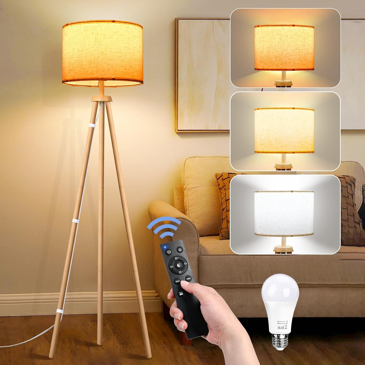Detalle de NIKYJM Lámpara de Pie Trípode de Madera con Bombilla E27 12W: 3 Colores y Control Remoto