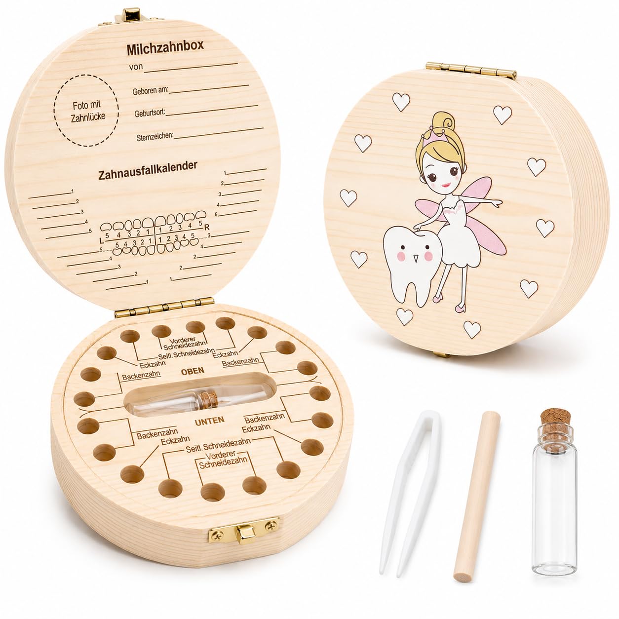Detalle de Zahnbox Holz „Milchzähne Box“ – Aufbewahrungsbox für Baby-Zähne (Milchzahndose, quadratisch)