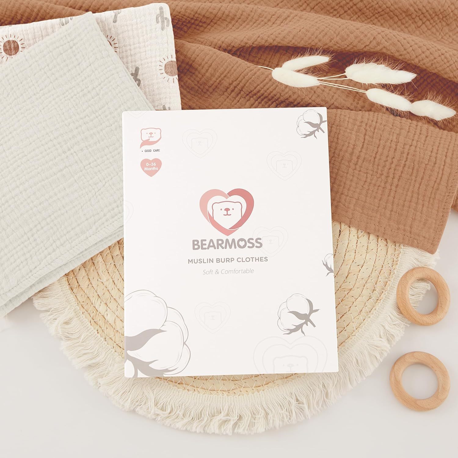 Thumbnail 6 de Bearmoss Langes Coton BéBé – Lot de 6 lingettes en mousseline 60x60 cm, absorbantes et respirantes