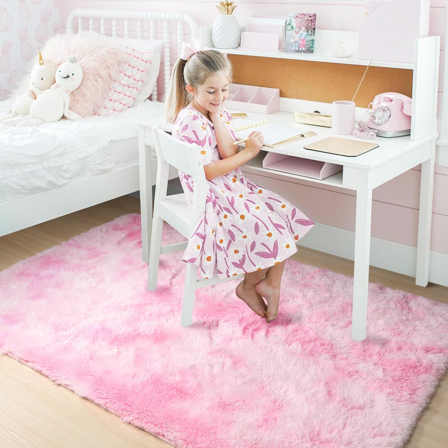 Thumbnail 2 de Amdrebio Pink Area Rugs 4' x 6' Pink-and-White Microfiber Shag Rug