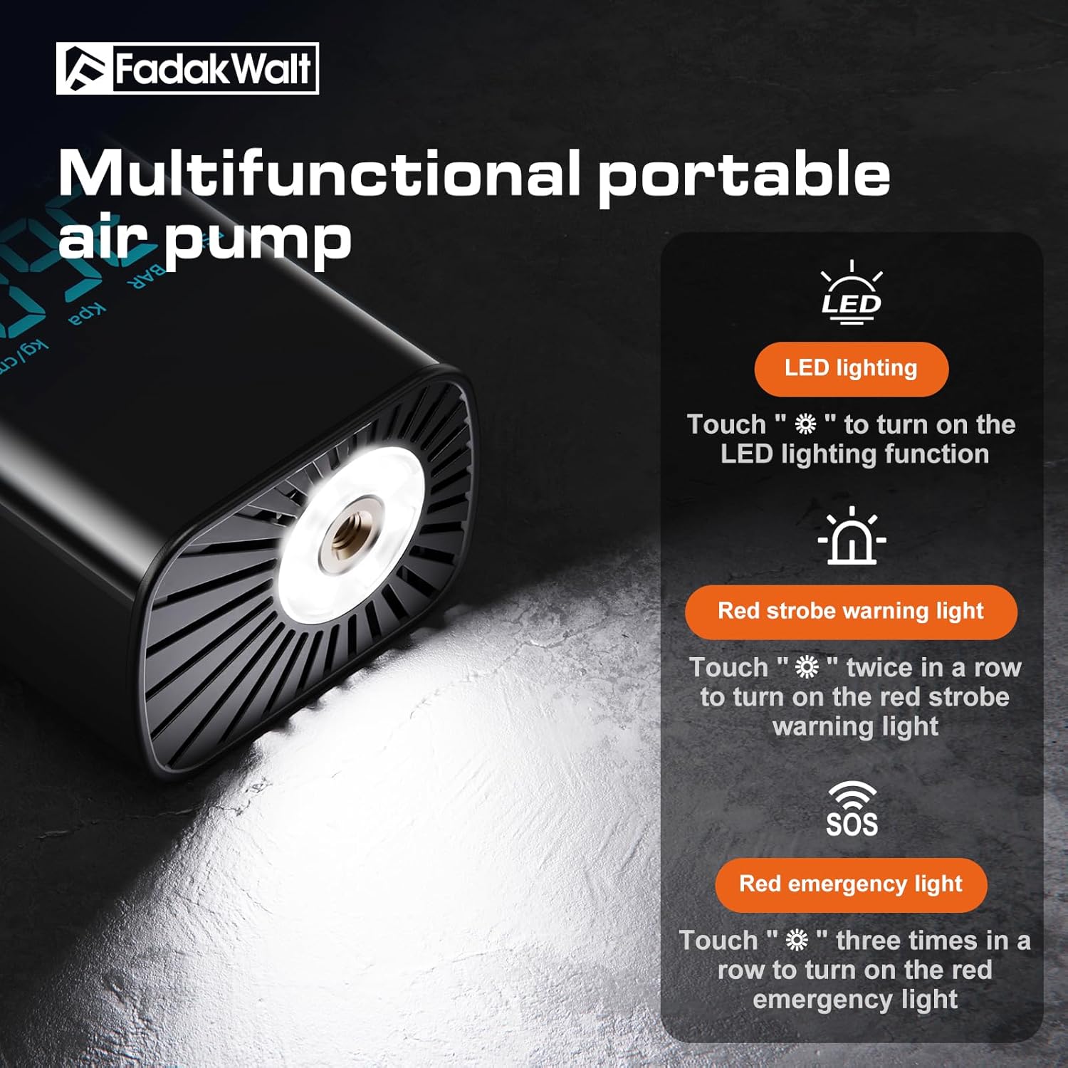 Detalle 2 de FADAKWALT Tire Inflator Portable Air Compressor (Cordless, 150 PSI, Digital Gauge, Touch Screen)
