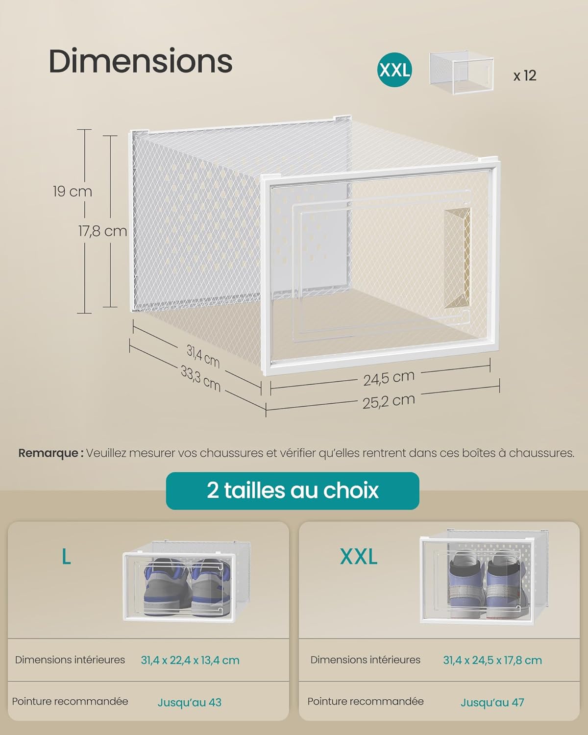 Thumbnail 4 de SONGMICS Boîtes à Chaussures Lot de 12 – Rangement transparent et pliable jusqu’à 47