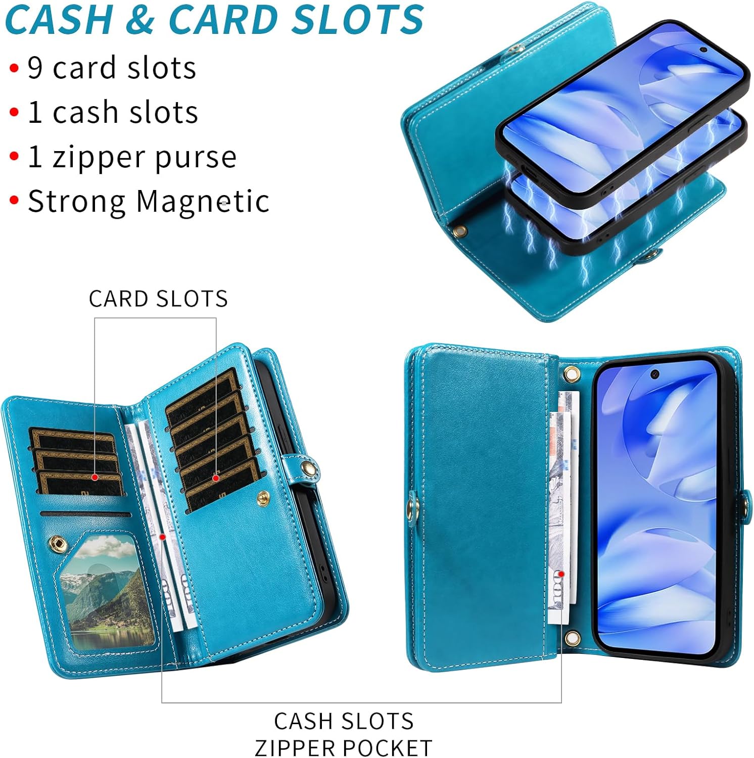 Thumbnail 1 de Asuwish Wallet Case for Google Pixel 9A with Zipper, Detachable Straps and Tempered Glass Protector