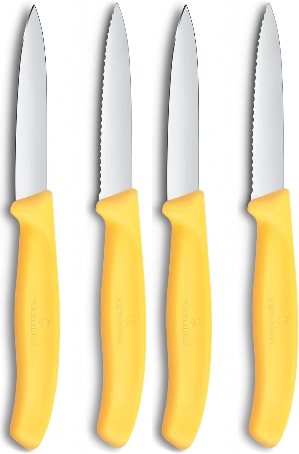 Detalle 1 de Victorinox Swiss Classic Set Coltello per verdure e pomodoro: lama dritta e seghettata in acciaio inox, manico ergonomico giallo