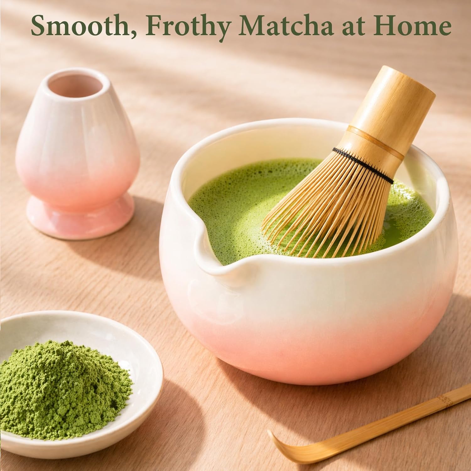 Thumbnail 2 de HUSHHAVN Matcha Whisk Set (Ceramic Bowl, Bamboo Chasen, Sifter & Tools) – 6-Piece Pink Matcha Kit