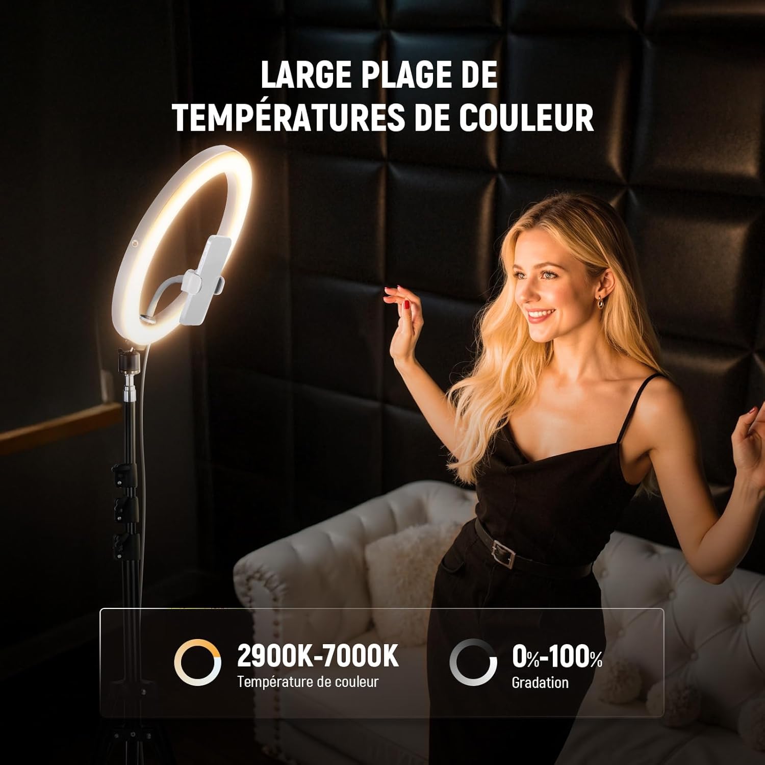 Detalle de NEEWER RH12B Pro Anneau lumineux LED 30W—180 cm de trépied et fixation mobile pour YouTube, maquillage et vlog