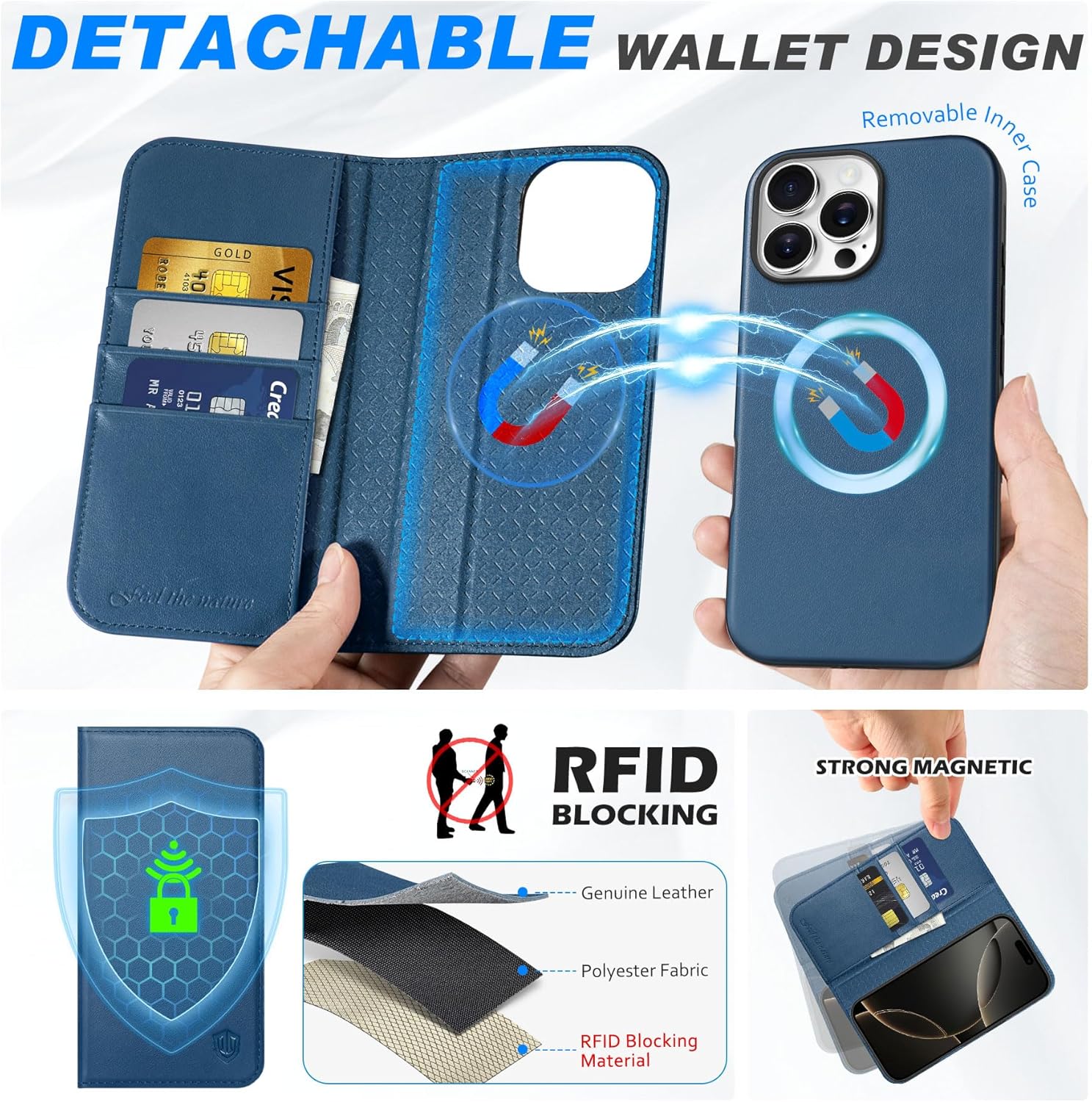 Detalle de SHIELDON Hülle für iPhone 16 Pro Max – Echtleder 2-in-1 Wallet Case, Königsblau