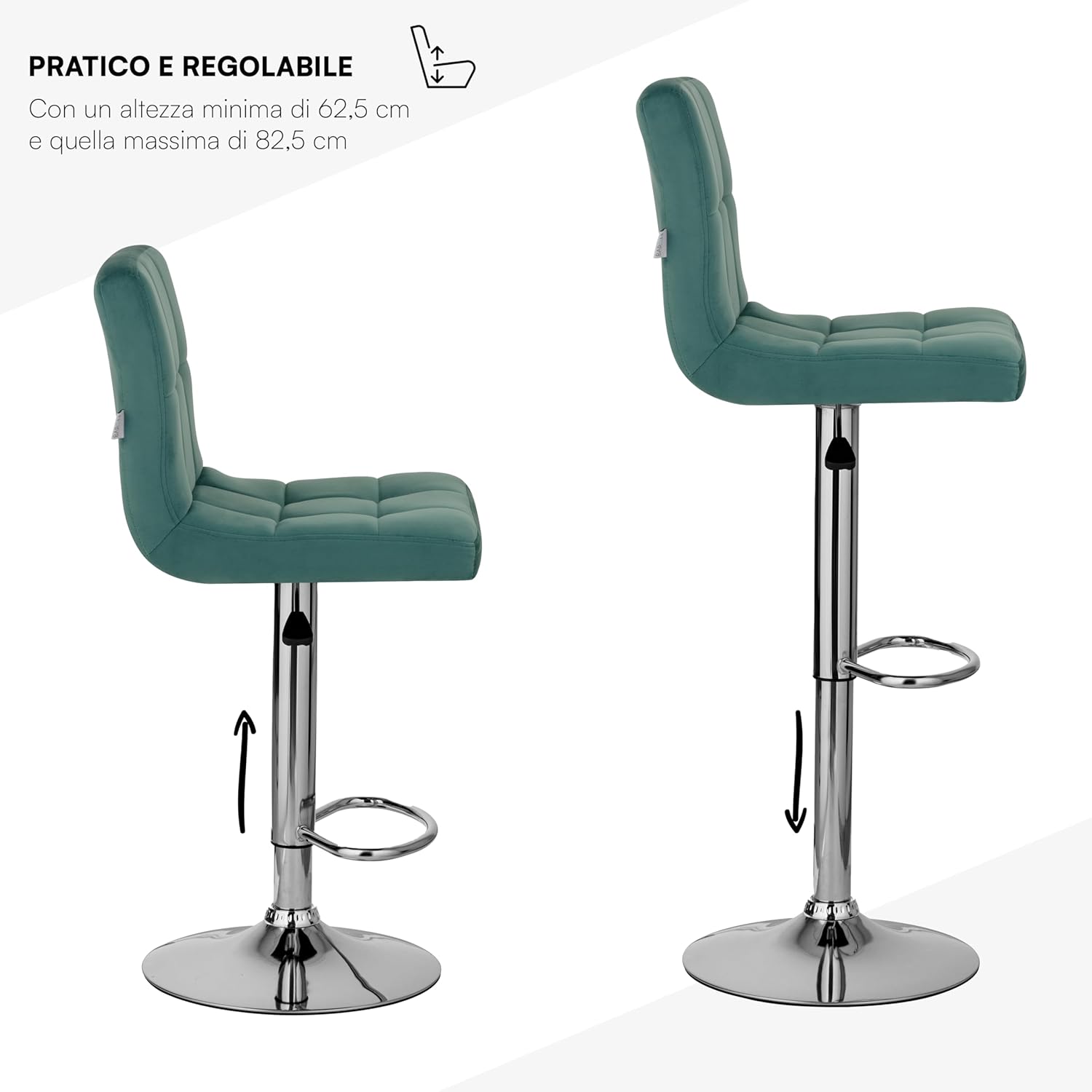 Thumbnail 3 de Baroni Home Tabouret de Bar en Velours — Règlable, Pivotant 360°, Dossier Ergonomique et Repose-Pieds