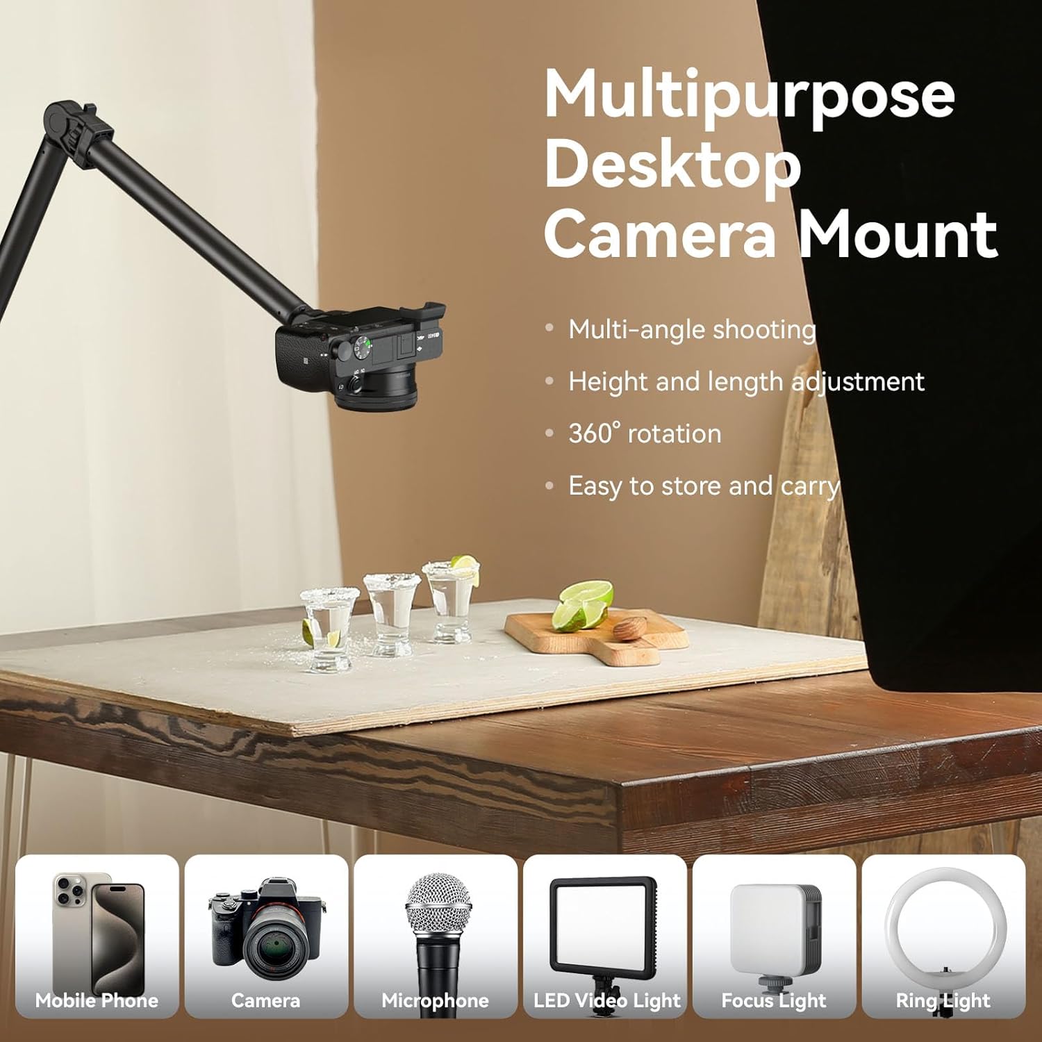 Thumbnail 1 de SMALLRIG Live-Desktop-Kamera Tischstativ DT-50 4456 – Overhead-Klemme mit flexiblem Arm