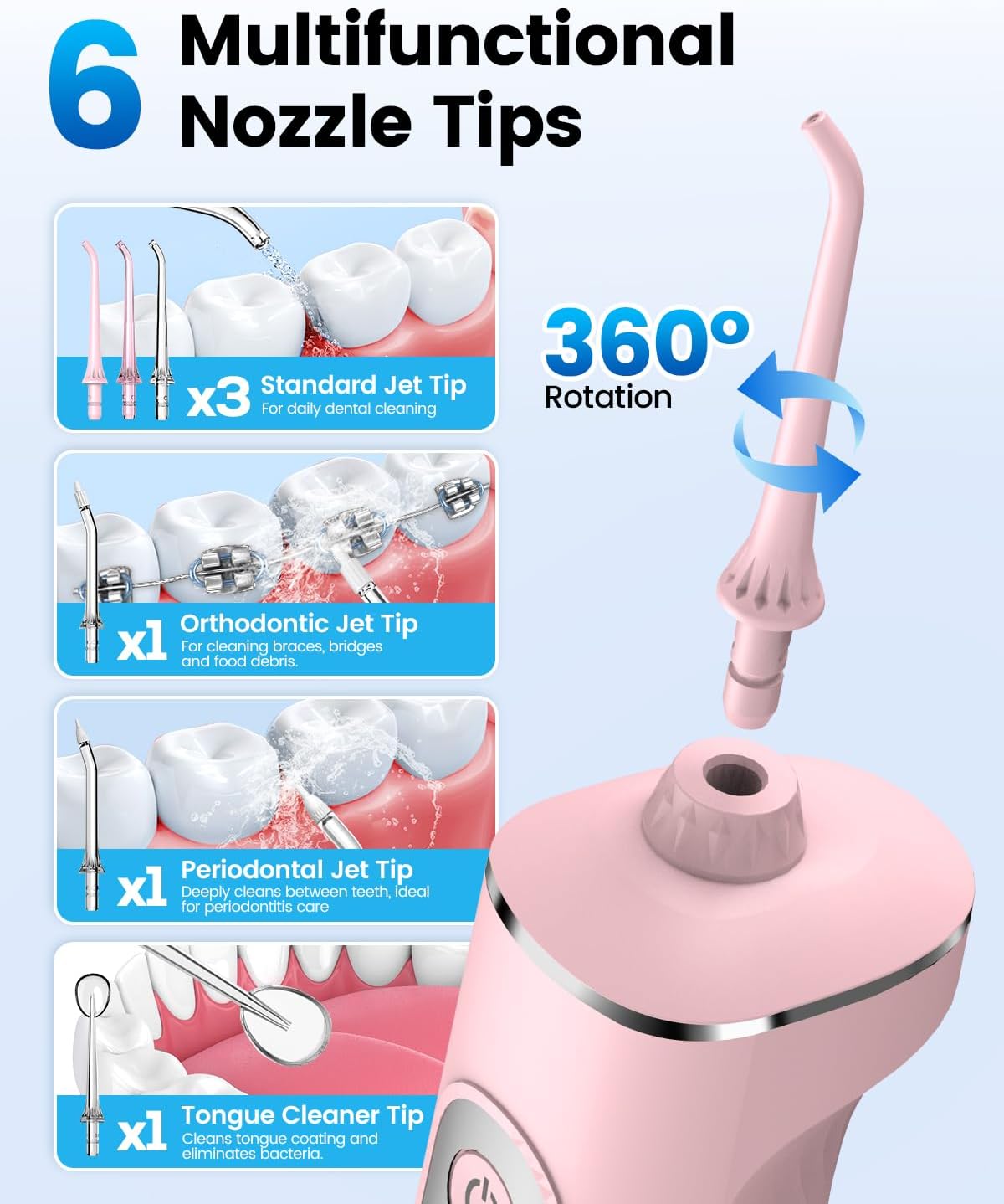Detalle 2 de JTF Water Flosser with 3 Modes & 10 DIY Levels: Portable Oral Irrigator for Braces, Sensitive Gums and Daily Cleaning