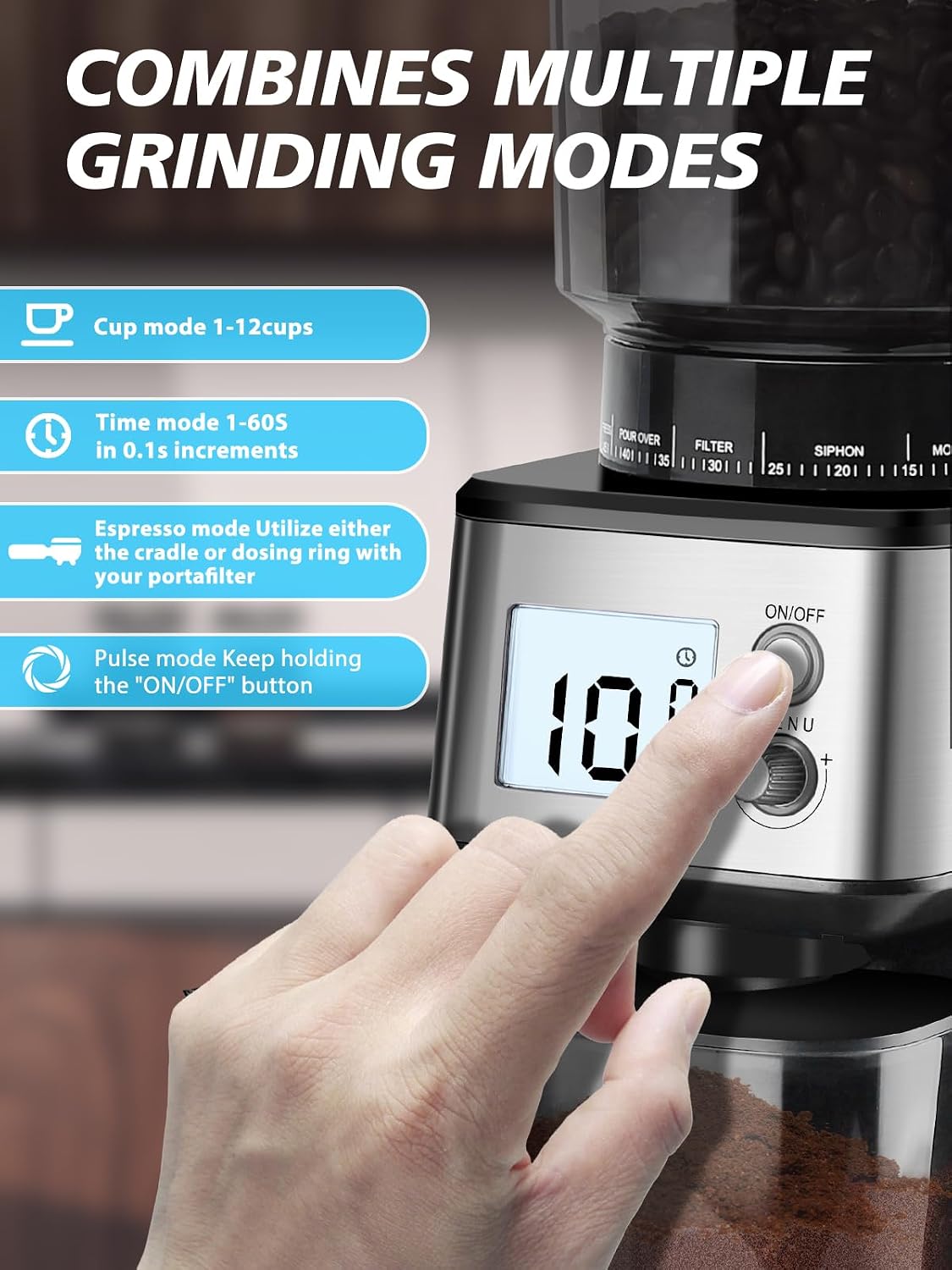 Detalle de Homtone elektrisk kaffekvarn med 40 mm koniskt malverk och 51 inställningar