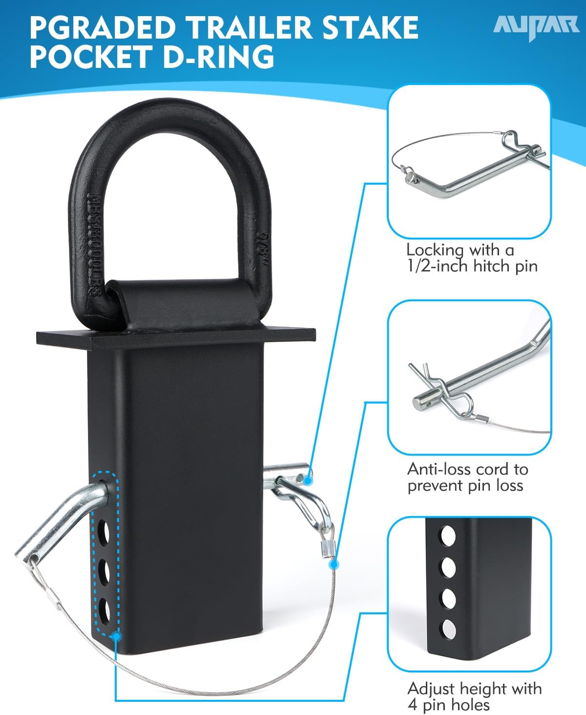 Detalle de Aupar 5/8" Heavy-Duty Stake Pocket D Rings with Anti-Loss Cord — 18,000 lbs Total Capacity, 4-Position Adjustability (6 Pack)