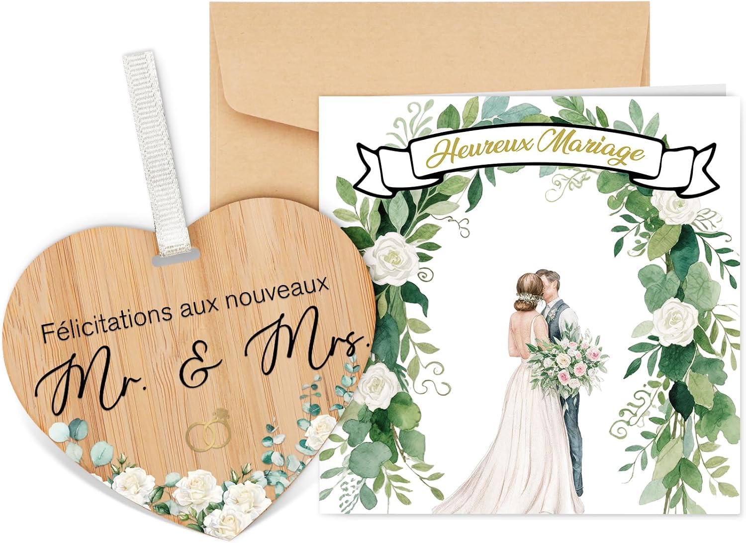 Detalle 2 de TheGiffter Carte Mariage Félicitation – Carte de Vœux avec cœur en bois et enveloppe, 15 × 15 cm
