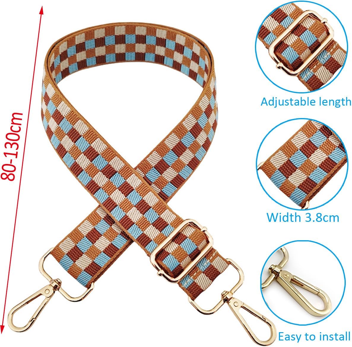 Detalle de Verstellbarer Schultergurt für Taschen 80–130 cm, 3,8 cm Breite – Blau/Hellbraun mit Karabiner