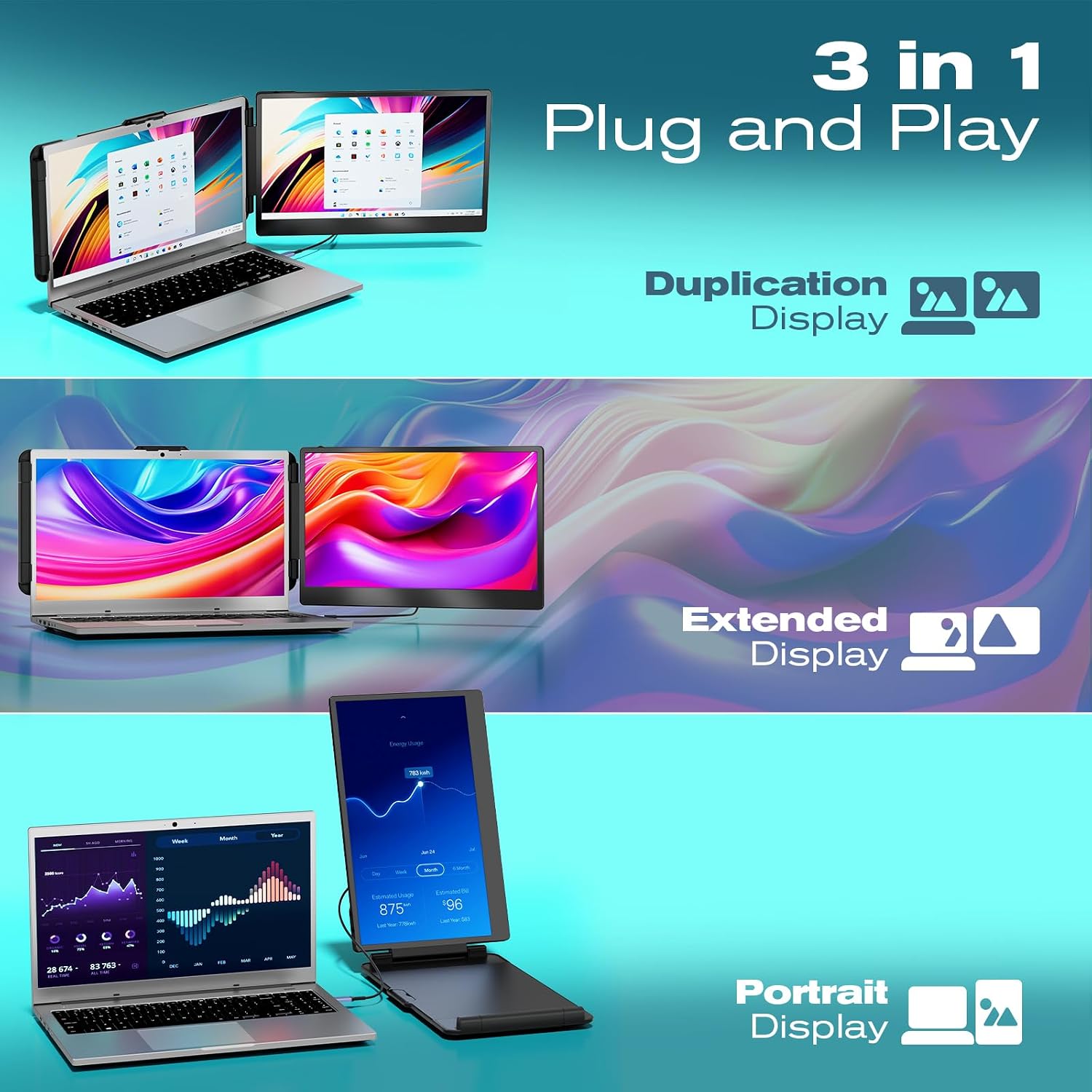 Detalle de Teamgee Laptop Monitor Erweiterung 14" FHD IPS – Tragbarer Dual-Screen Monitor mit integrierter Stand- und Lautsprecherlösung