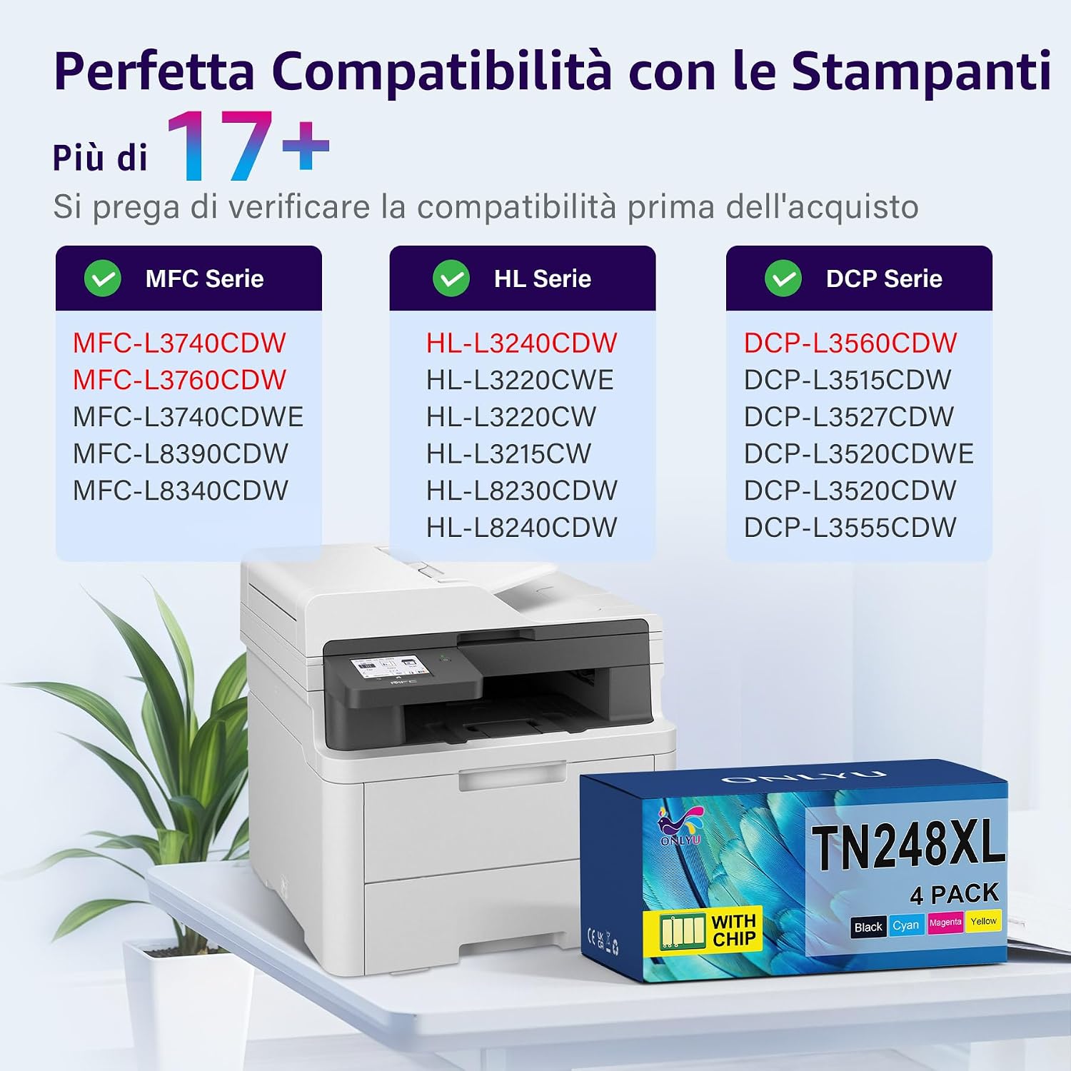 Detalle de ONLYU TN248XL compatibile per Brother: 4 cartucce CMYK ad alta resa per stampanti TN248
