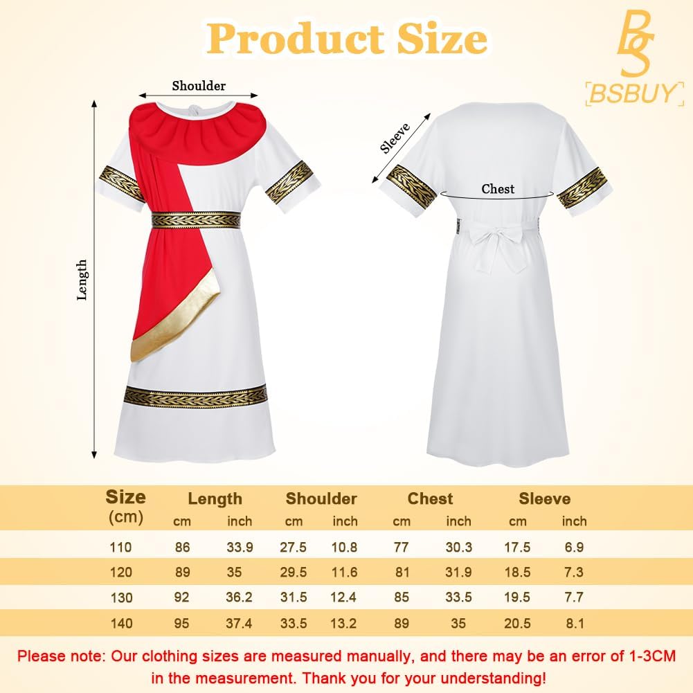Thumbnail 1 de Costume da antica Grecia Romana BSBUY per ragazzi e ragazze, bianco e rosso (toga/abito lungo con cintura)