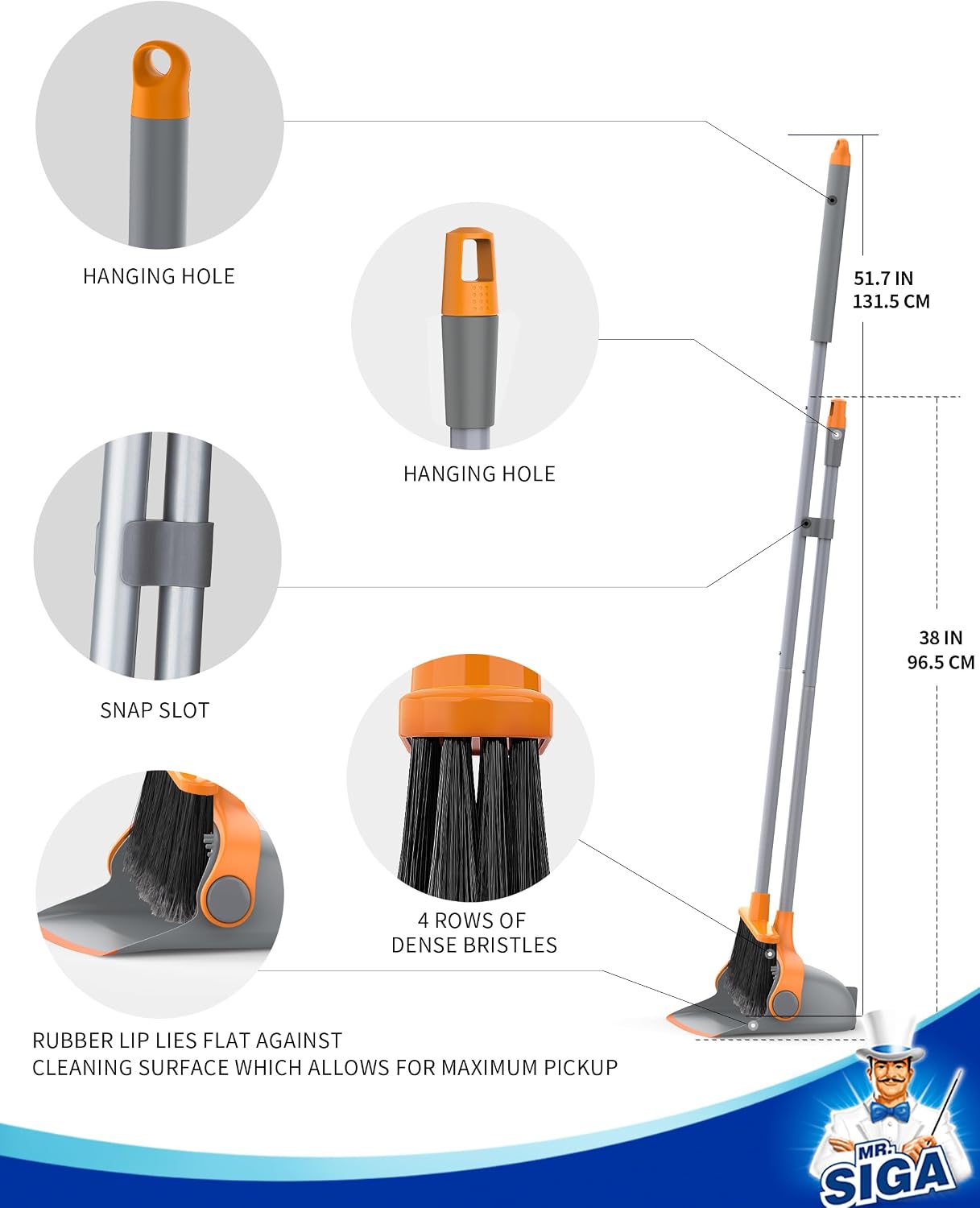 Detalle de MR.SIGA Broom and Dustpan Set with 51.7-Inch Handle, Flare-Tip Bristles