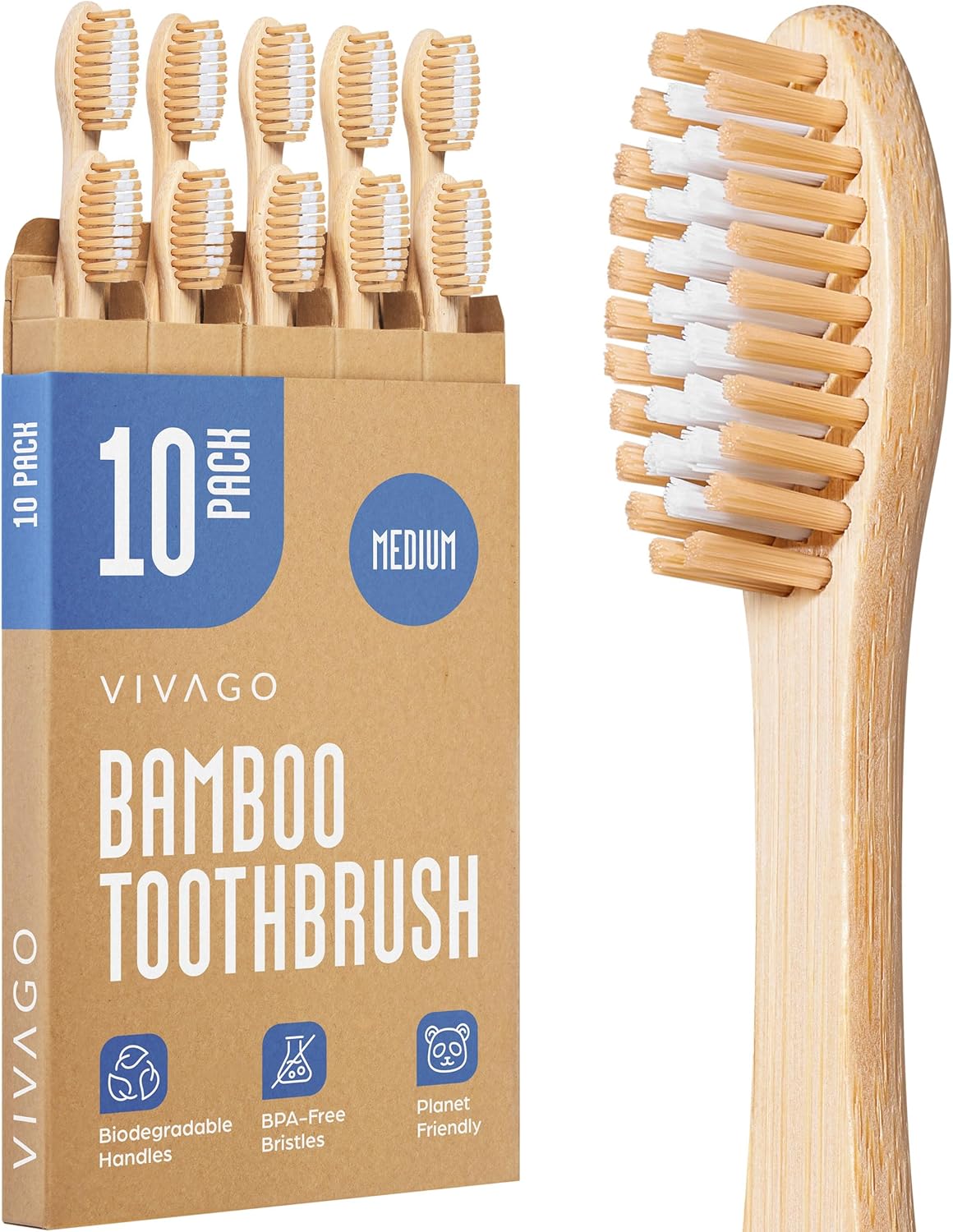 Detalle de VIVAGO Bamboo Toothbrushes Medium Bristles 10 Pack