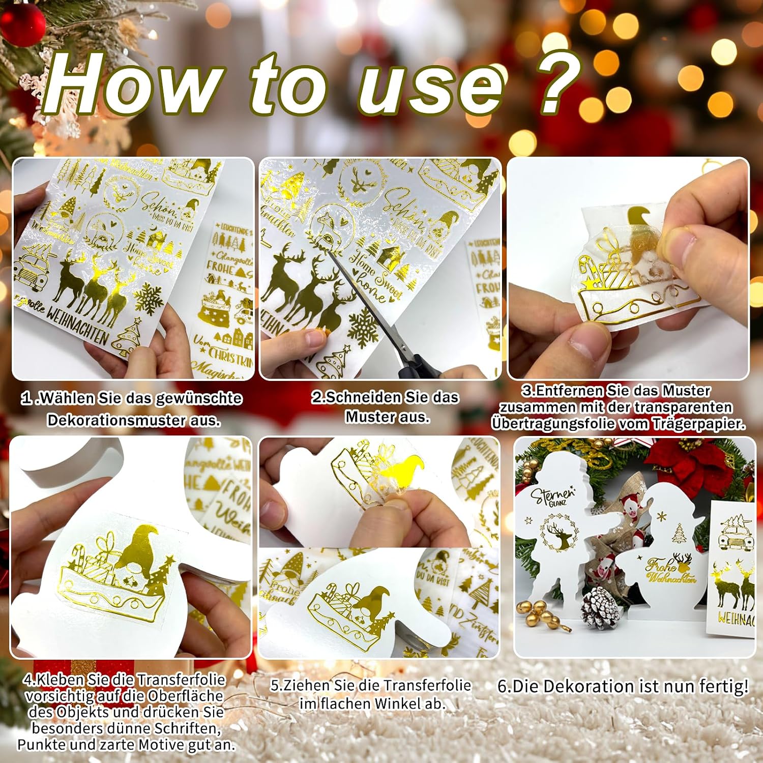 Detalle de Aoiuenok Rub-on Sticker Weihnachten in Gold Metallic – 3 Bögen für DIY, Karten & Geschenke