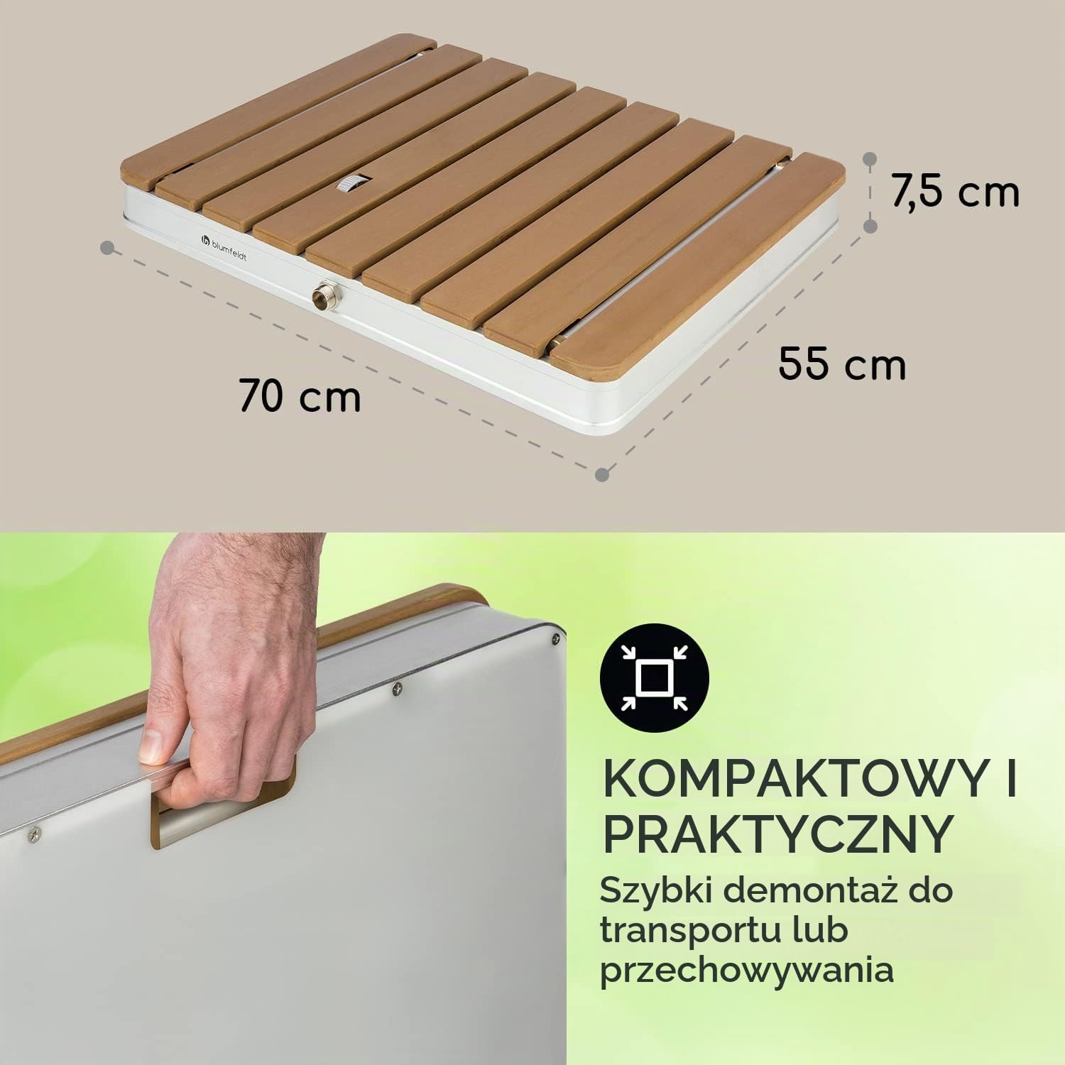 Detalle de blumfeldt mobilny prysznic ogrodowy do gruntu, podstawa WPC, strumień 4 m