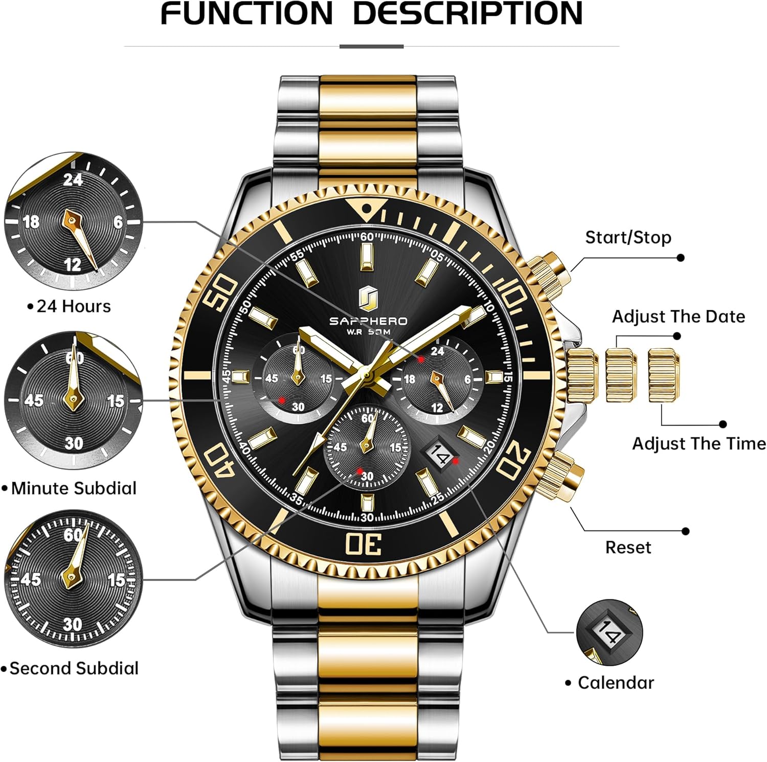 Thumbnail 6 de SAPPHERO Montre Homme en Acier Inoxydable Chronographe 42 mm – Luxe et sobriété