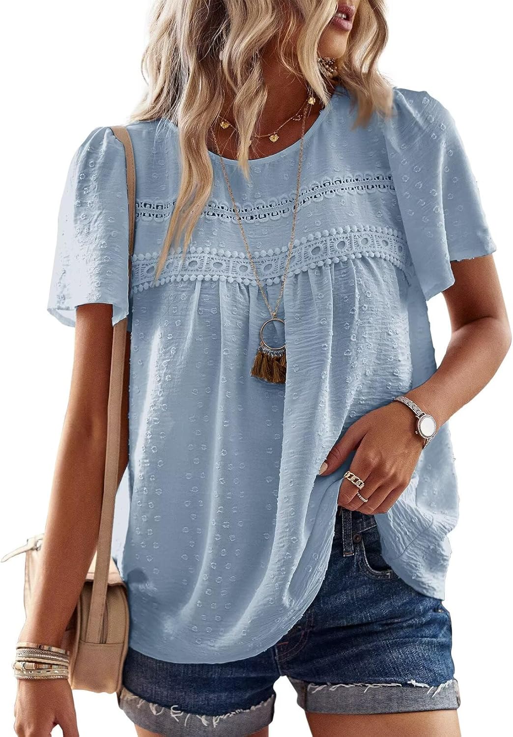 Thumbnail 6 de TUUHAW Damen Sommer-Bluse im Boho-Stil mit Rundhalsausschnitt und Häkelspitzenrändern