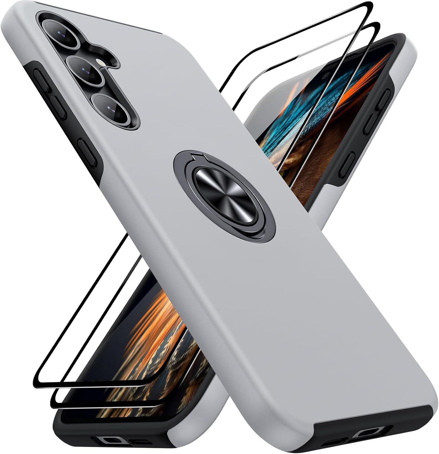 Detalle de AOUIA 360° Rotating Ring Stand Case with 2 Screen Protectors for Samsung Galaxy A55 5G – Silver