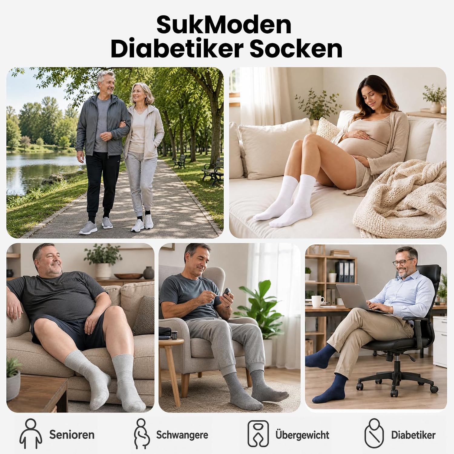 Thumbnail 6 de SukModen Diabetiker-Socken Herren & Damen – 10 Paar, ohne Gummibund, weiche Baumwolle, nahtloser Zehenbereich, Schwarz