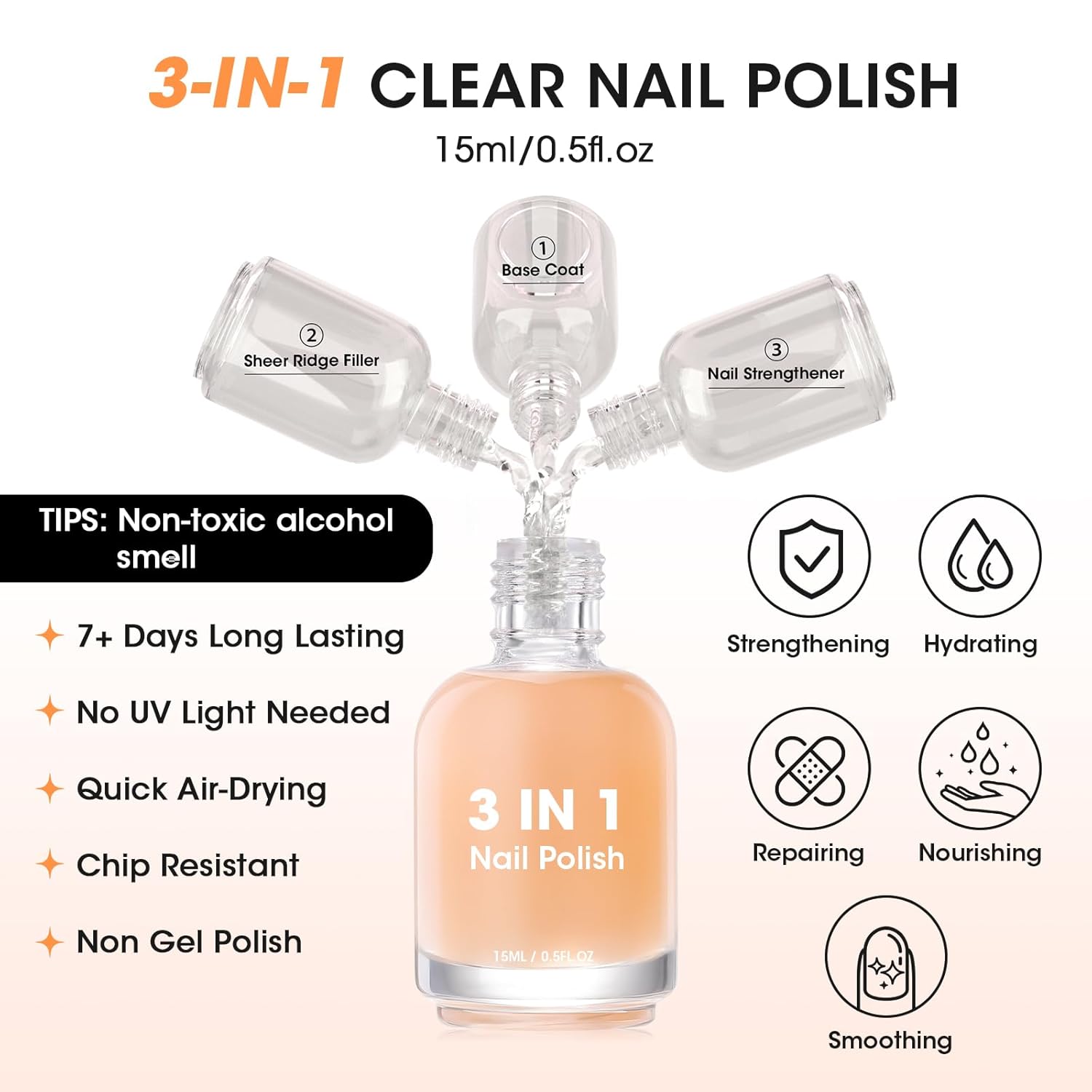 Detalle 2 de GELLEN Clear Nail Polish Ridge Filling Base Coat – 3-in-1 Nail Strengthener, Ridge Filler & Growth Support