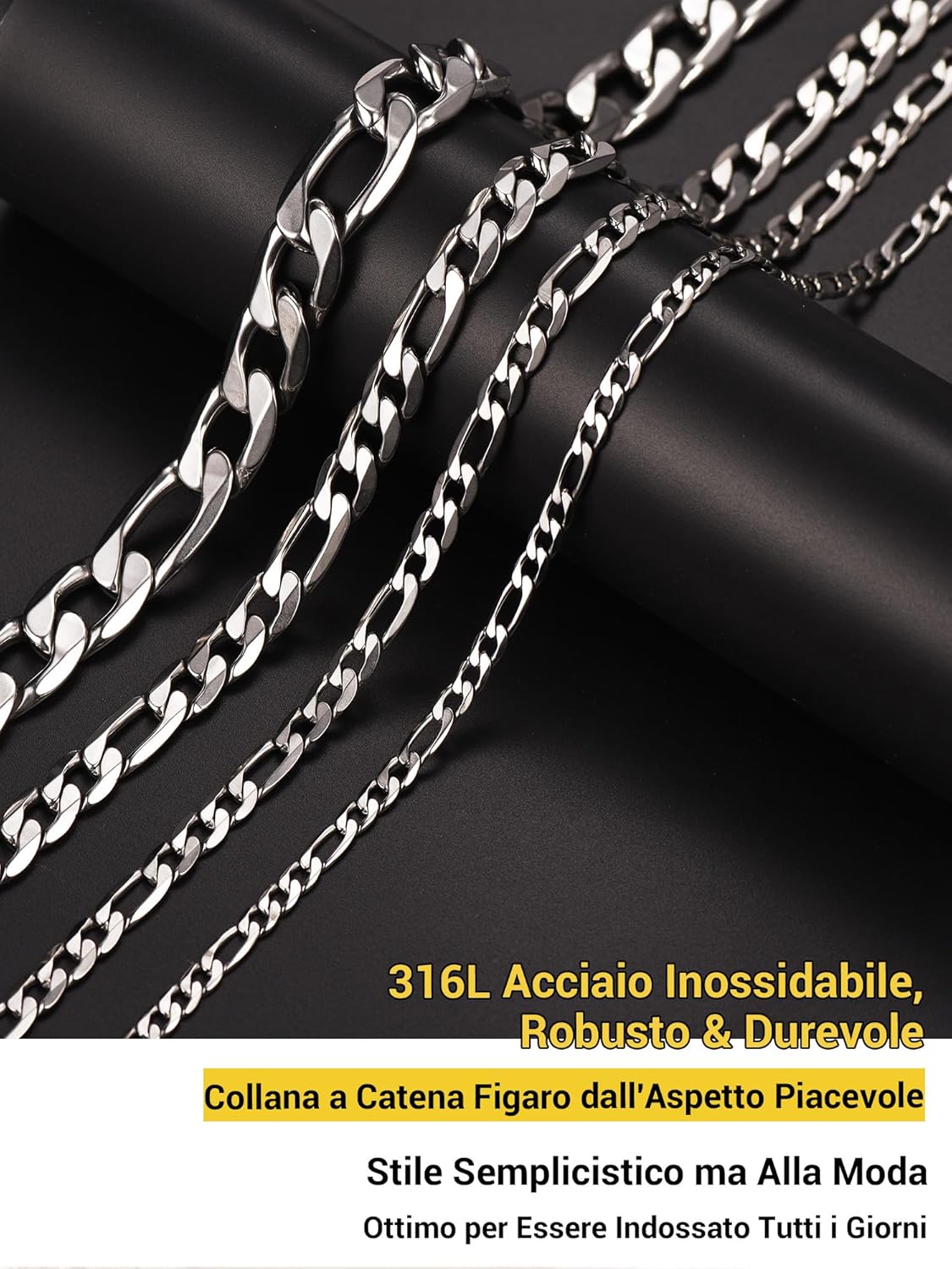 Thumbnail 6 de PROSTEEL Collana Catena Semplice da Uomo a Modello Maglia Figaro 3+1, 4/6/9/13 mm – Acciaio inox 316L, due tonalità
