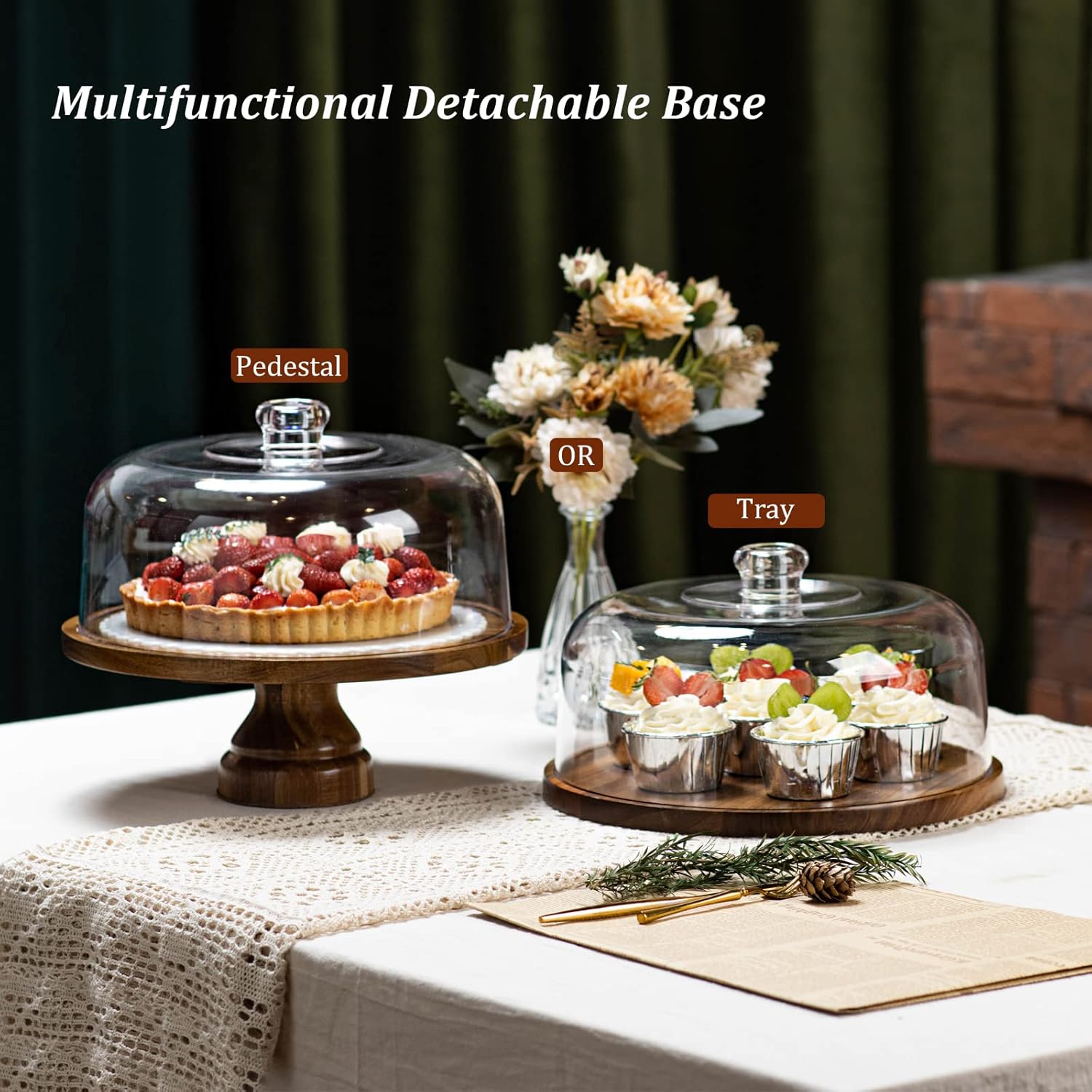 Thumbnail 1 de ANBOXIT Cake Stand with Dome Lid (Acacia Wood & Acrylic Cover)