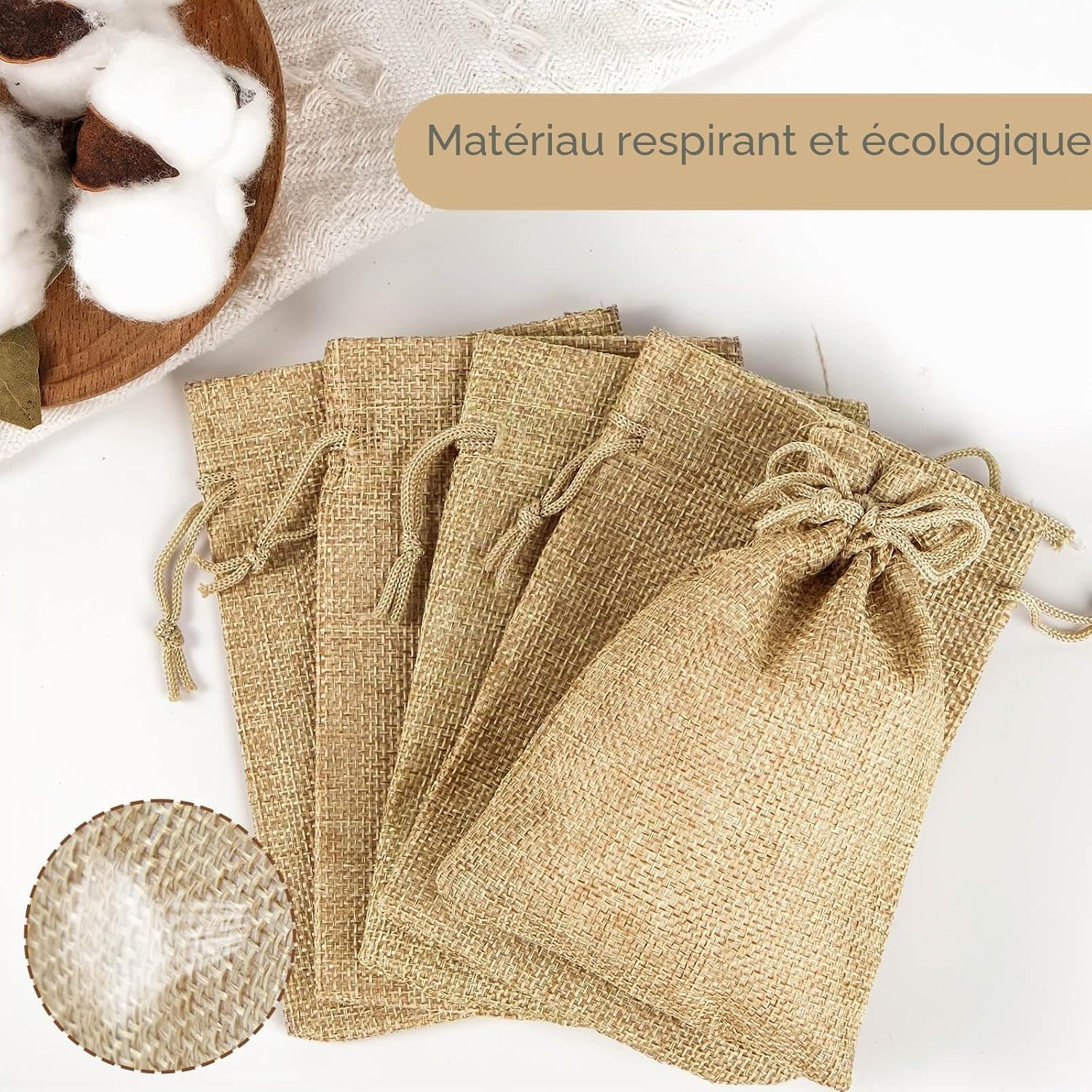 Detalle de Sachets en toile de jute 10x14 cm, lot de 30 dragées – Pochon cadeau naturel