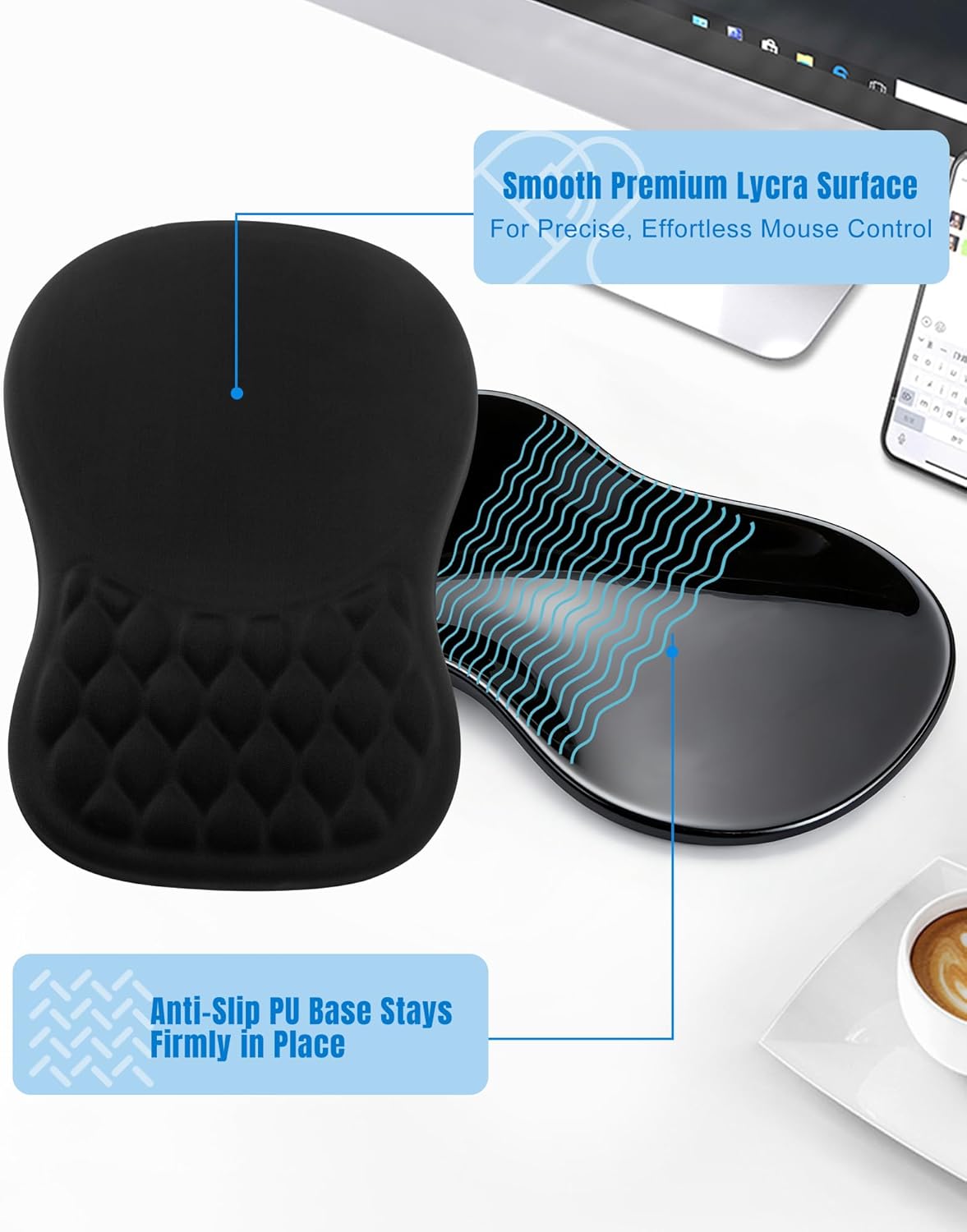 Detalle de Ergonomic Mouse Pad with Wrist Rest (11.14 x 7.6 inches) – Memory Foam, Sloped Design