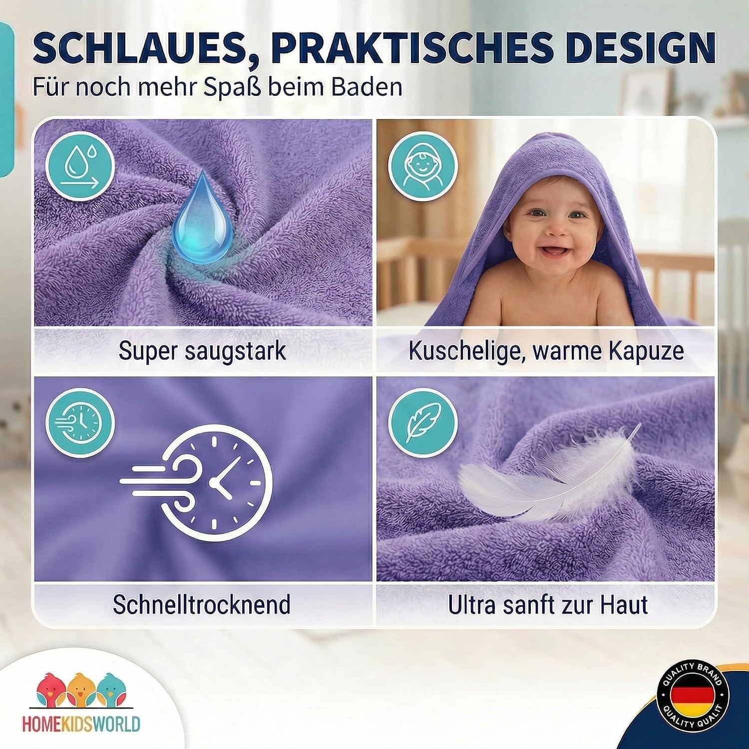 Detalle de Home Kids World Kapuzenhandtuch Baby 100x100 cm (beige) – Weiches Handtuch mit Kapuze in Geschenkbox