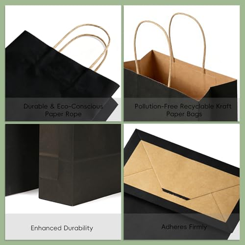 Detalle de Weifeng Bolsas de Papel Kraft Negras con Asas (50 uds, 30 x 23 x 12 cm) – Ideal para regalos, fiestas y embalaje