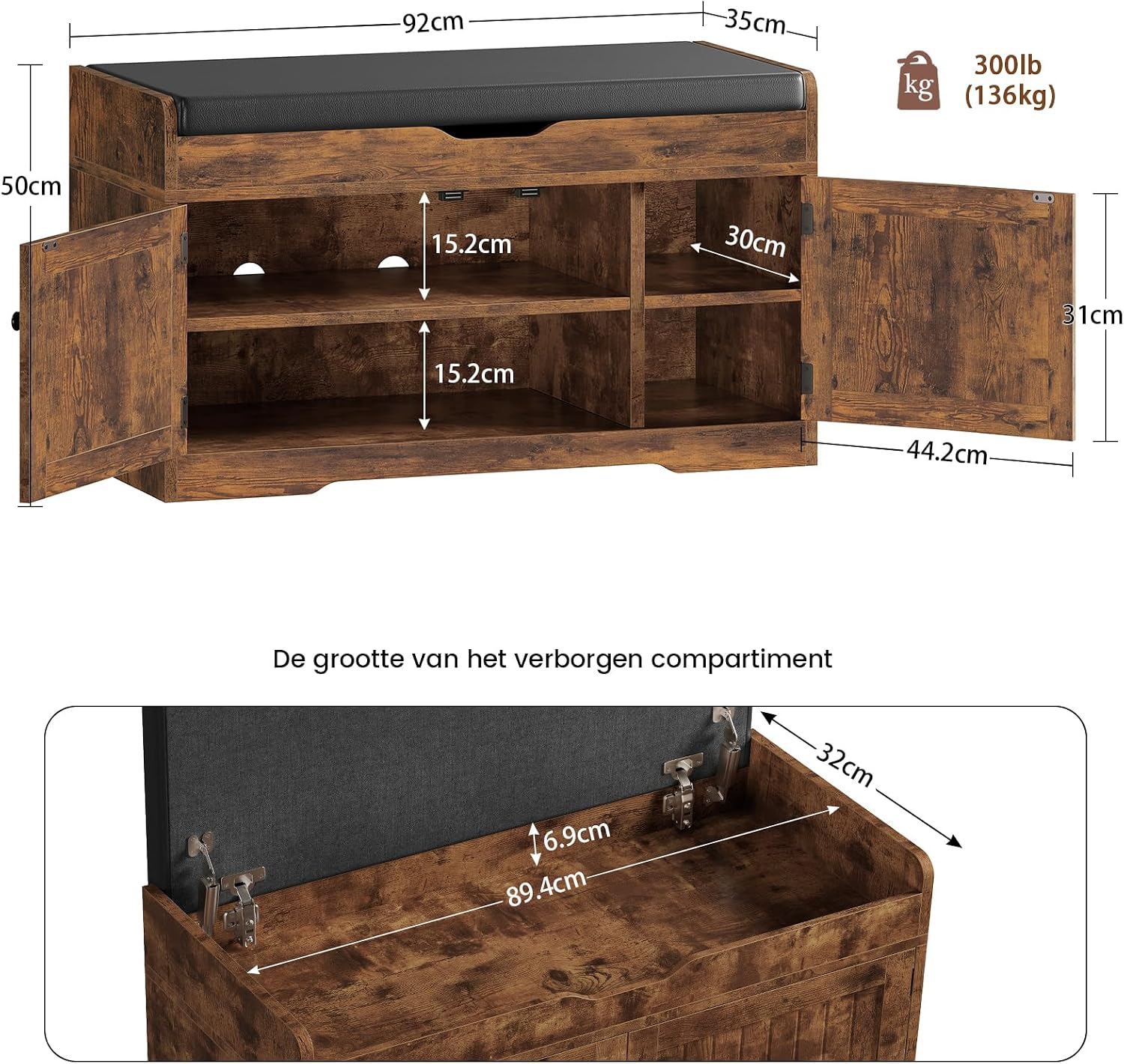 Detalle de TEENFON schoenenbank 92 x 35 x 50 cm met 2 deuren, zitkussen en verstelbare planken