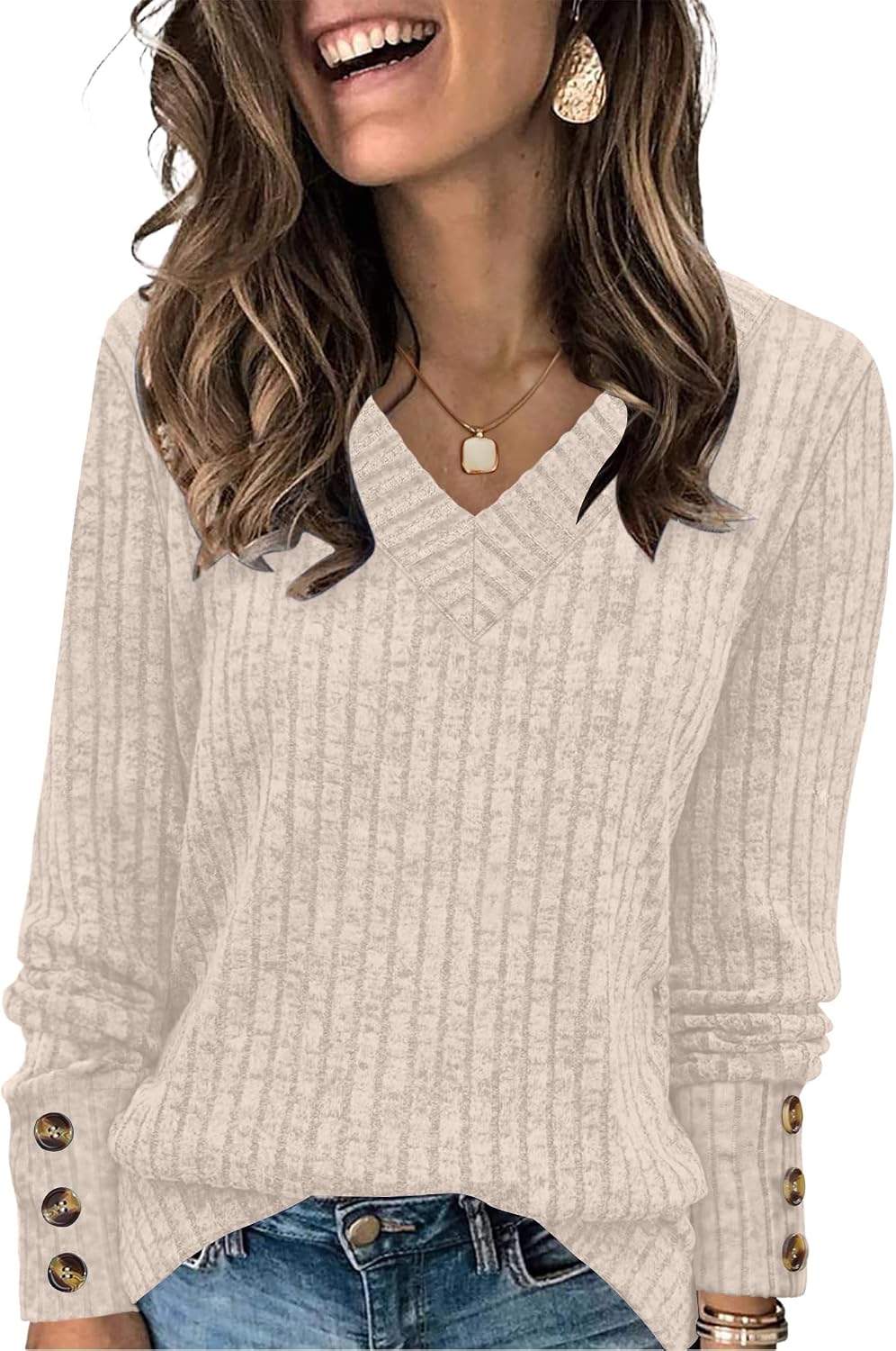 Detalle de WIHOLL Women’s V-Neck Long Sleeve Jumper Top with Button Cuffs (Lightweight Sweatshirt)