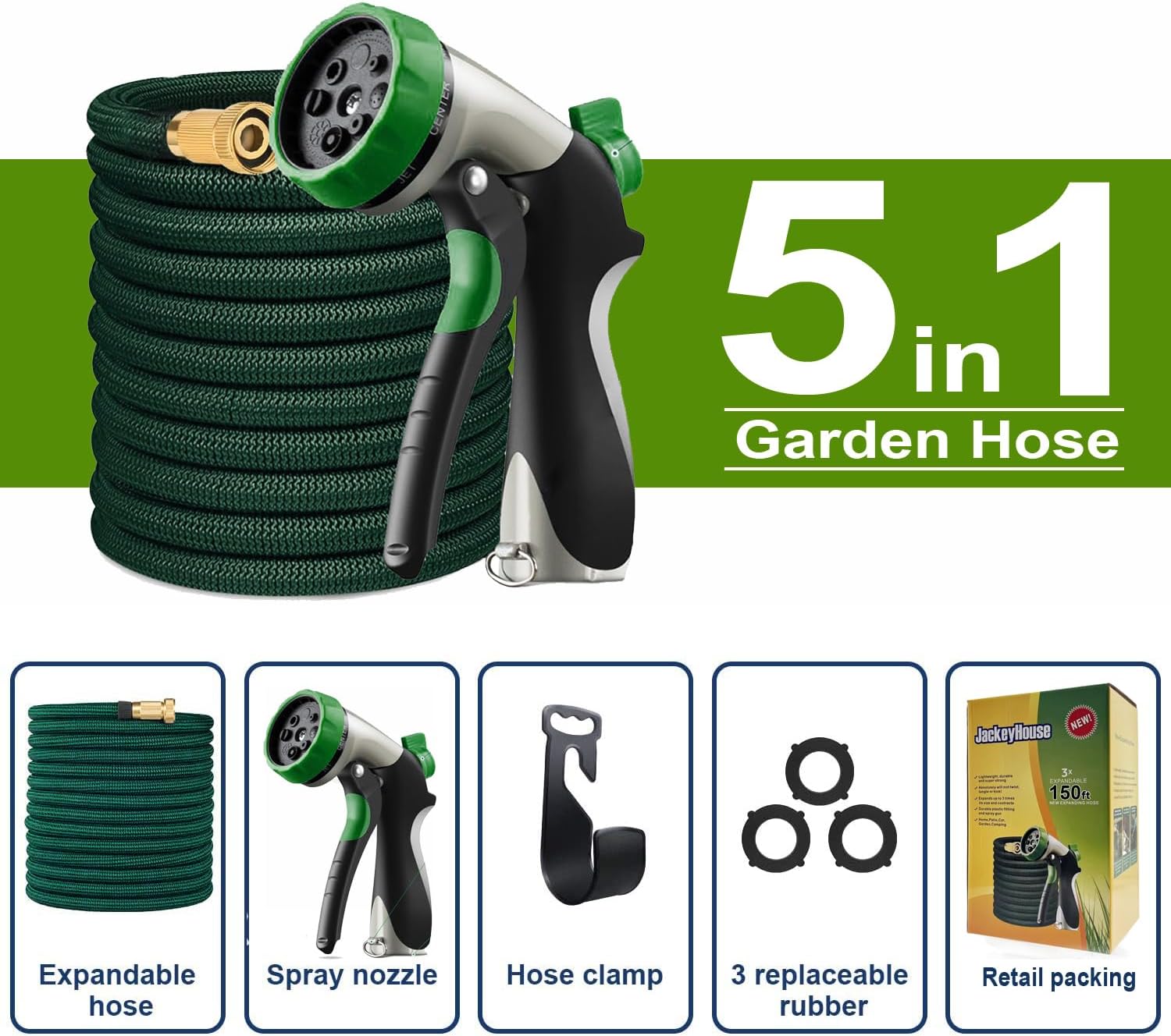 Thumbnail 4 de Jackeyhouse Heavy Duty Magic Stretch Flexible Expandable Garden Hose Pipe with 8-Pattern Zinc Alloy Nozzle (100ft/150ft/200ft)