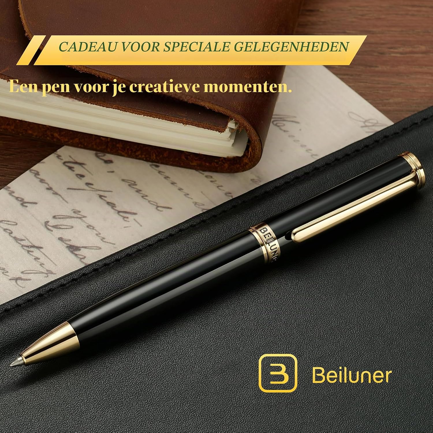 Detalle 2 de BEILUNER XZB-301-BK gelpen van messing met 24K-goudlaag en zwarte lak