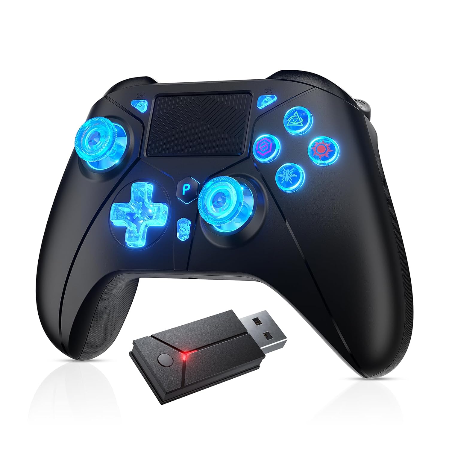 Detalle de Dinosoo RGB Wireless Controller with LED Light & Remap Back Buttons for PS5, PC