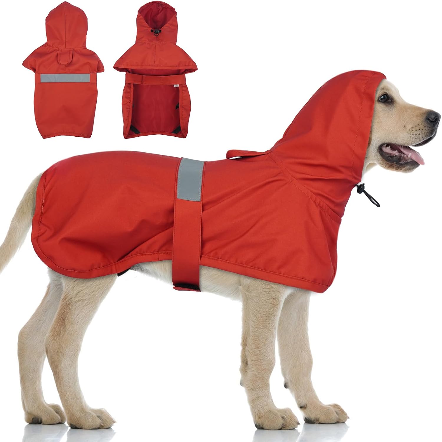 Detalle de Lelepet Dog Raincoat Waterproof Poncho with Reflective Strip and Adjustable Rear Legs Straps (Red, XL)