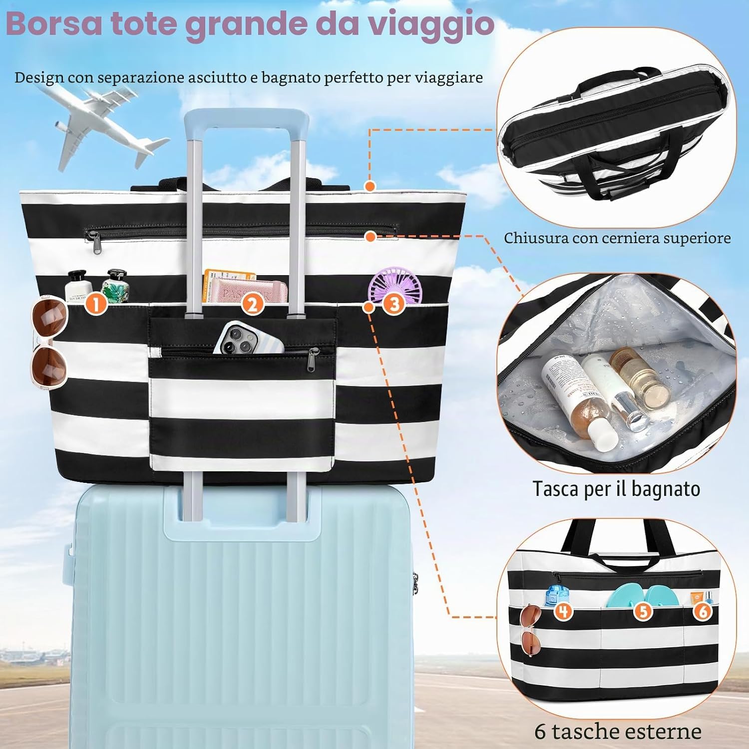 Detalle de BTNEEU Borsa Mare Donna XXL 50L Impermeabile: Tote Mare grande con 14 tasche, resistente e pieghevole