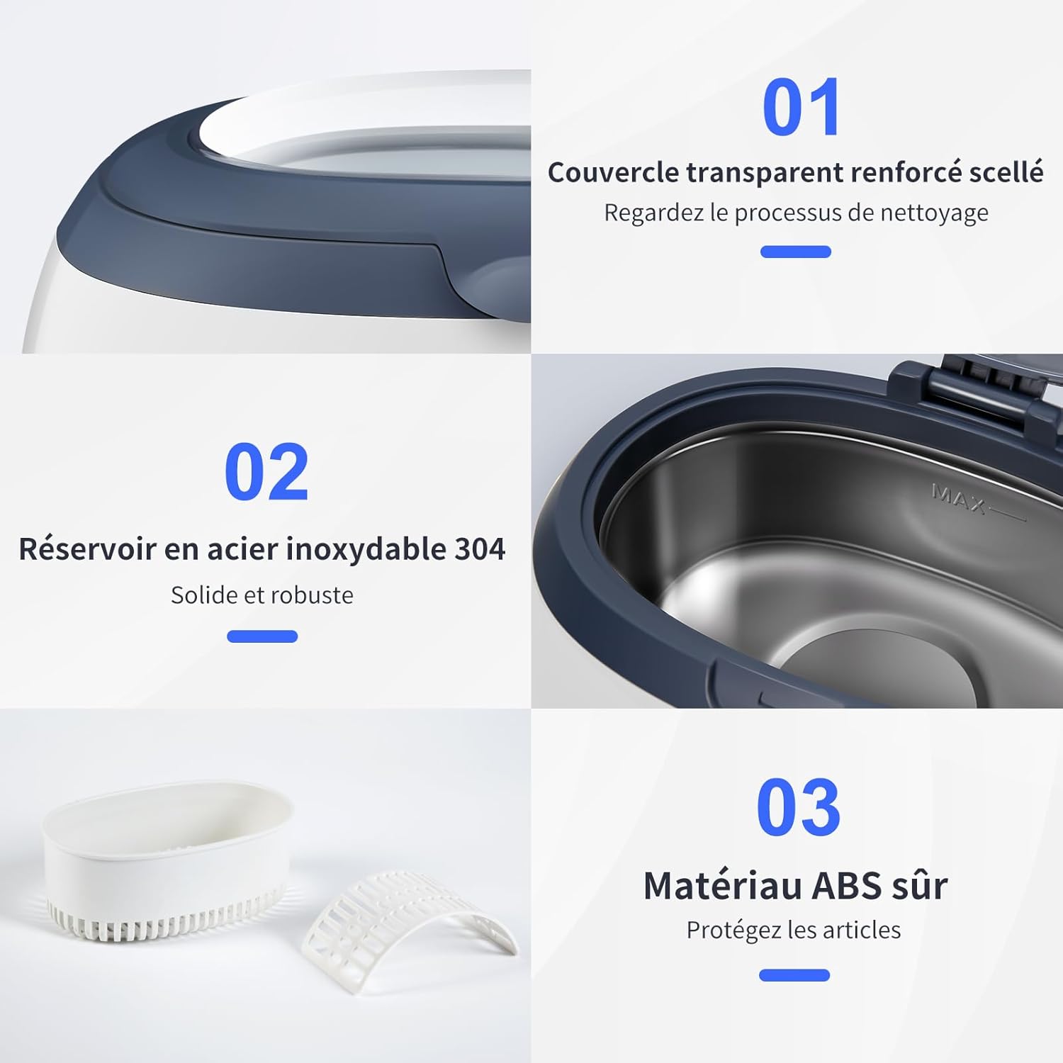 Detalle de Uten Nettoyeur à ultrasons 600 ml avec panier et support automatique (40 000 Hz) pour bijoux, lunettes, dentier