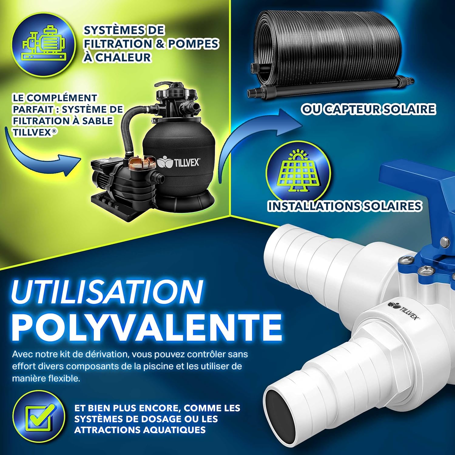 Thumbnail 5 de tillvex Bypass Kit Piscine 12 pièces – Ø 32 & 38 mm | Valve 3 Voies, Adaptateur ABS et accessoires