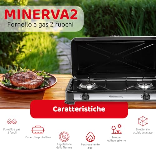 Detalle de Melchioni Family MINERVA 2: Fornello a Gas 2 Fuochi Nero, compatto e potente per campeggio